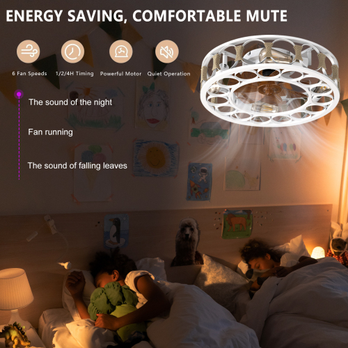 Caged Ceiling Fan with Lights Remote Control, Low Profile Flush Mount Farmhouse Modern Ceiling fans, 6 Speeds Reversible Blades, 5 LED Bulbs Include(Black)、、eastwooduniform