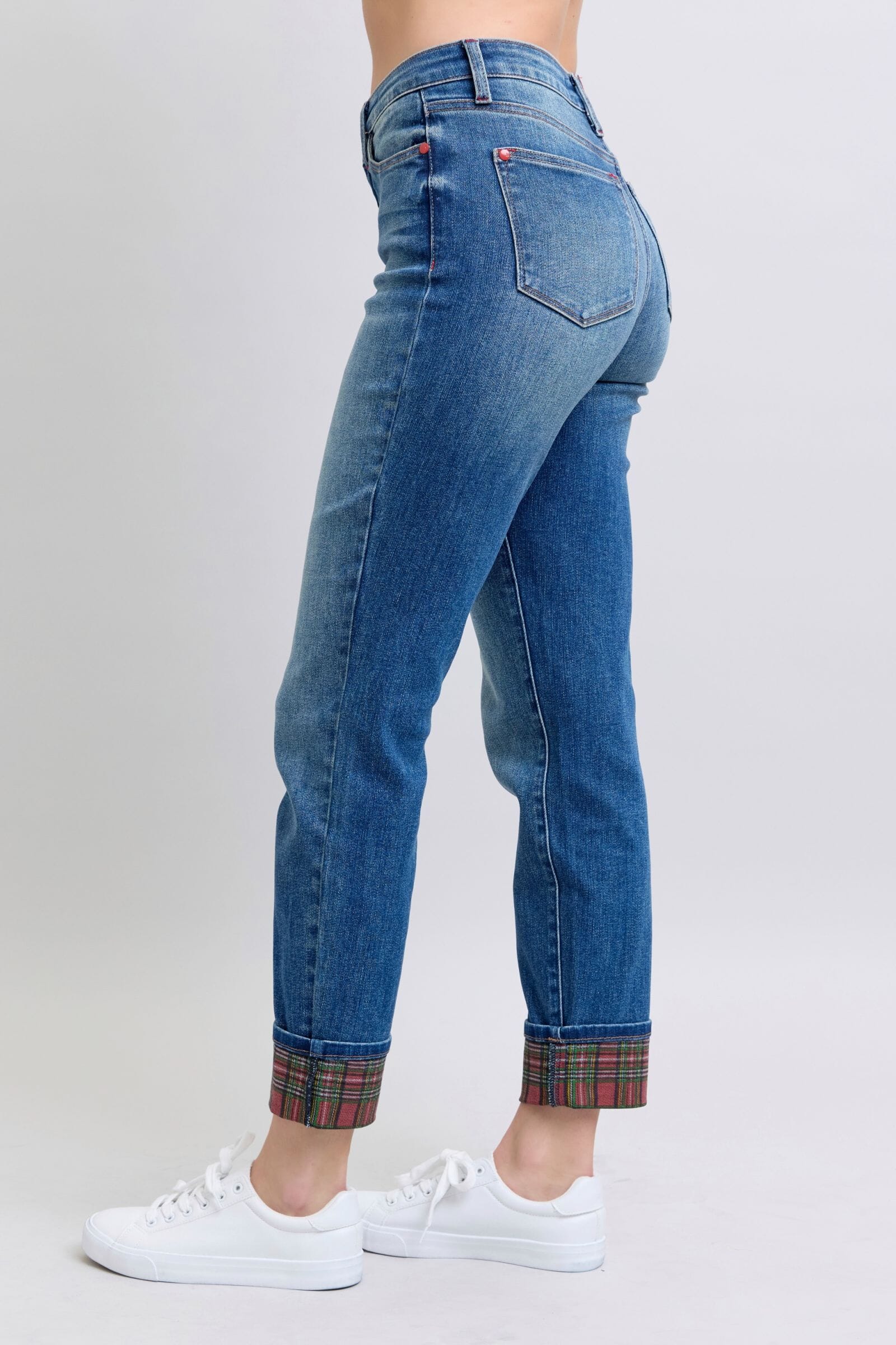 Judy Blue Full Size Plaid Print Cuff Straight Leg Jeans with Pockets、mySite、camillekostekn