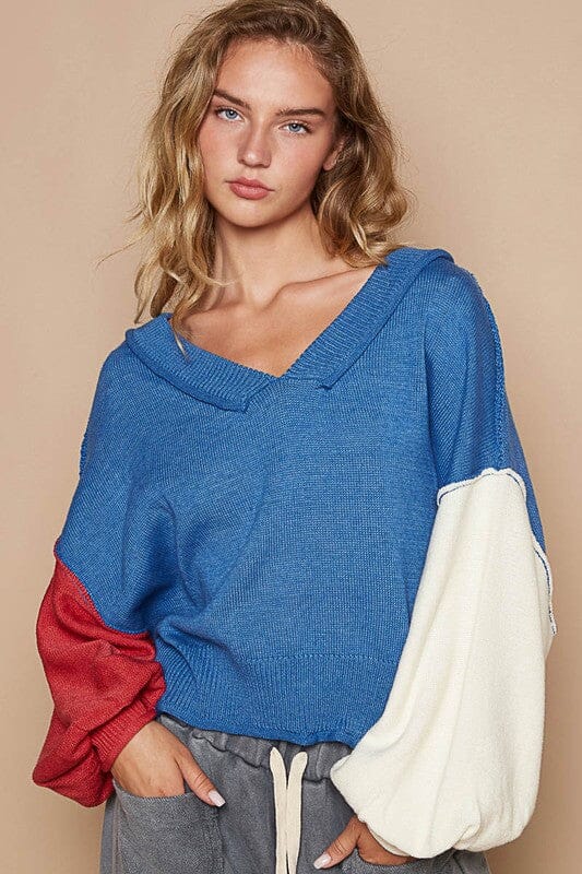 POL Exposed Seam Contrast V-Neck Lantern Sleeve Sweater、mySite、camillekostekn