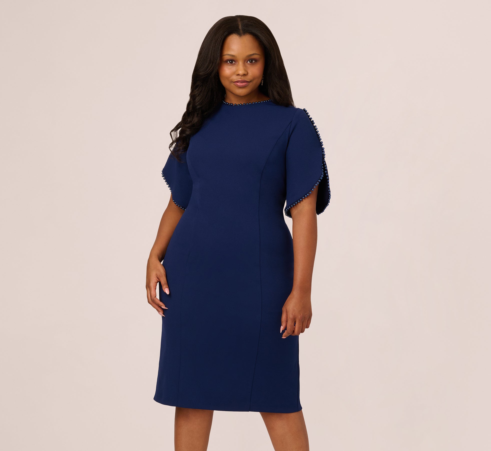 Plus Size Crepe Midi Length Sheath Dress With Pearl Trimmed Sleeves In Navy Sateen、mySite、solidvoid