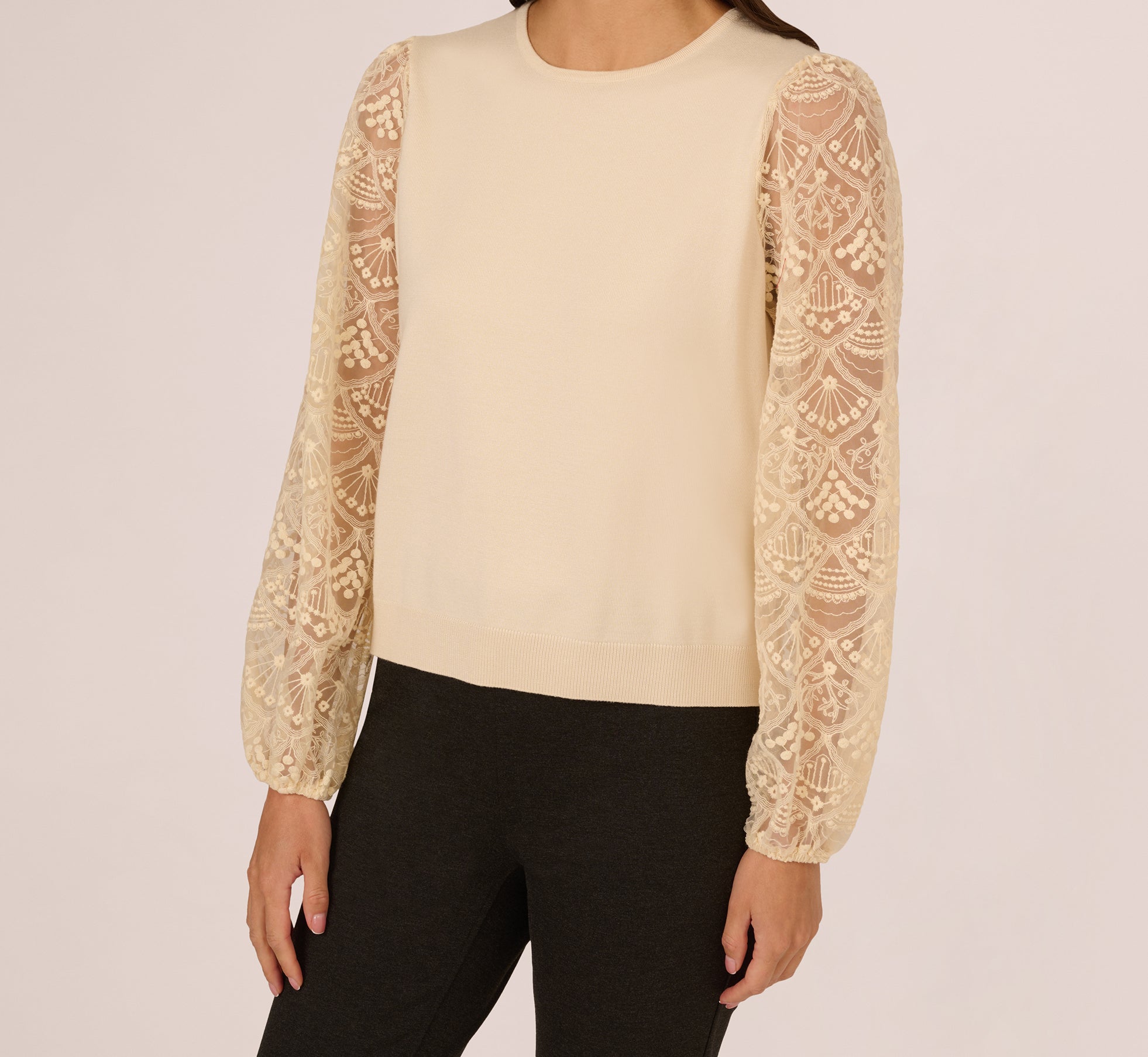 Lace Sleeve Crew Neck Sweater In Cream、mySite、solidvoid