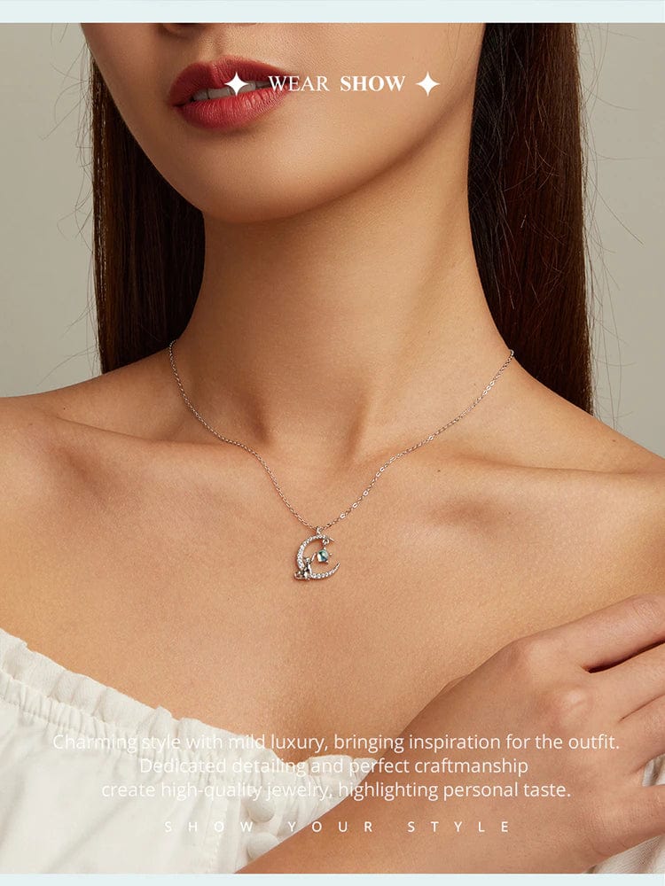 Cat in Moon Reaching for Star Necklace 925 Sterling Silver 18 adj. Chain、mySite、g9winljtr
