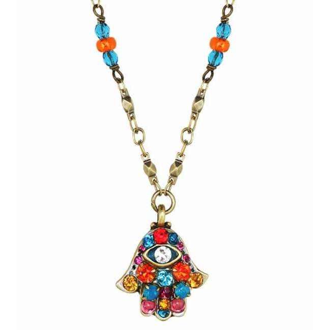 Michal Golan Multi-Colored Crystal Hamsa Necklace with Evil Eye、mySite、topwebapps