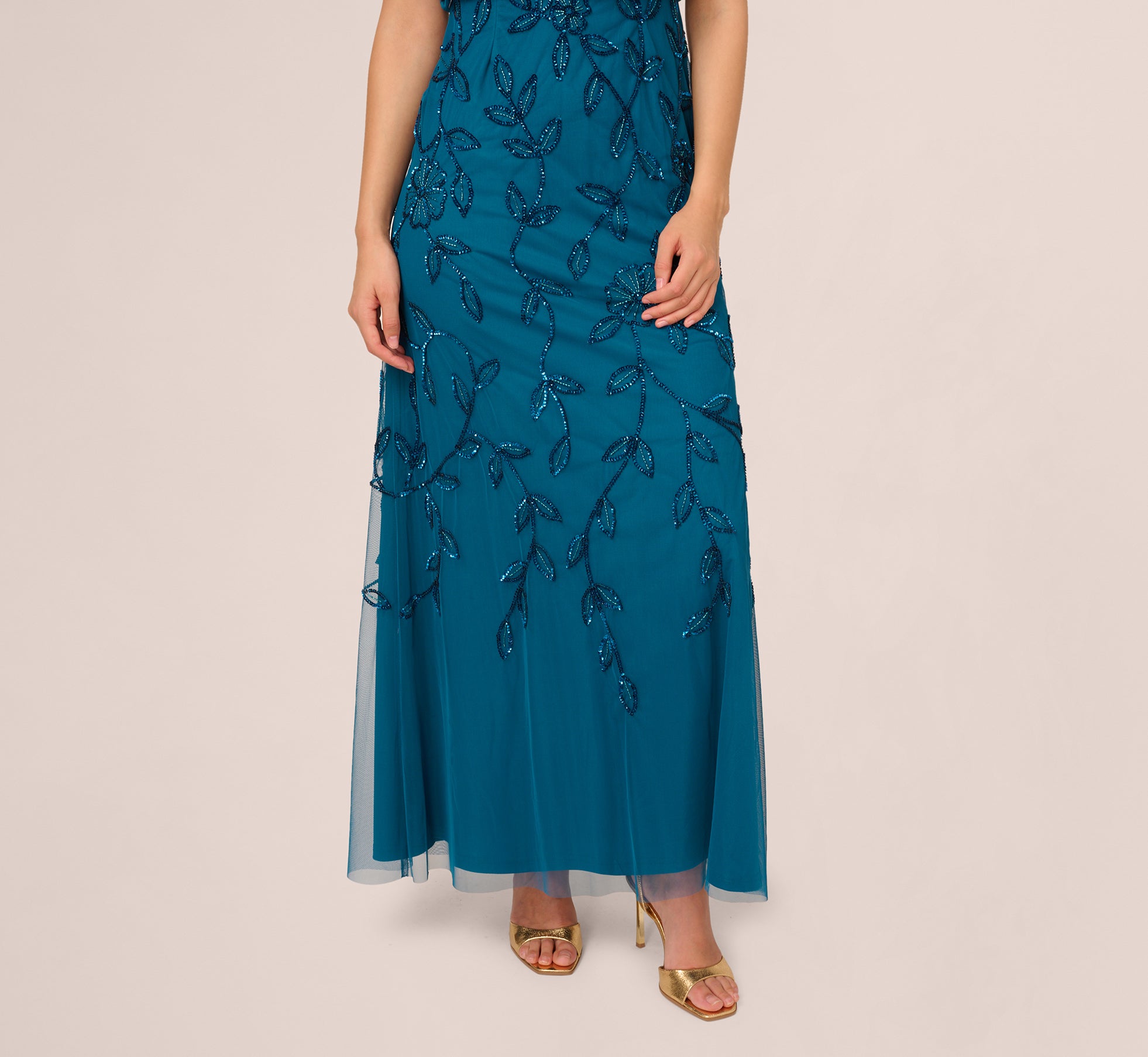Jasmine Beaded Blouson Gown With Sheer Short Sleeves In Teal Sapphire、mySite、solidvoid