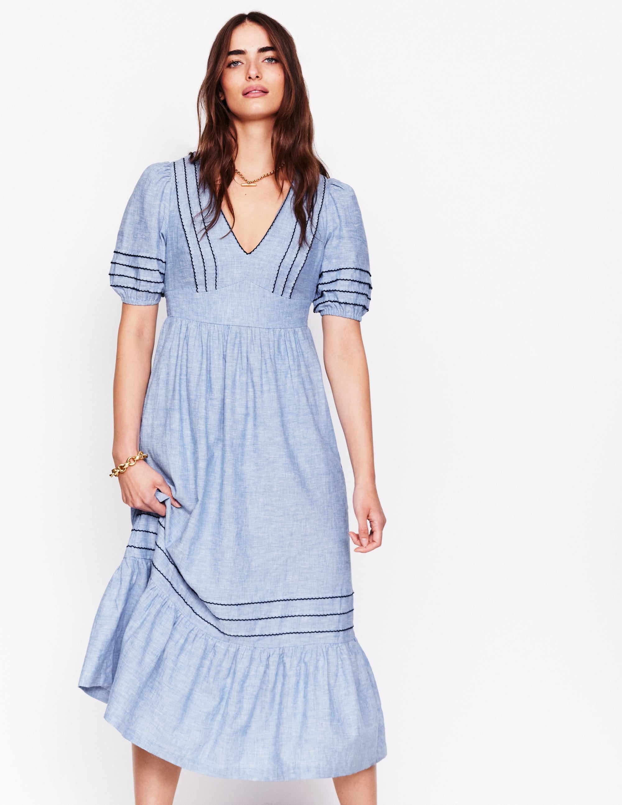  Smocked Waist Linen Dress-Grey Blue Chambray、mySite、ashleygrahame