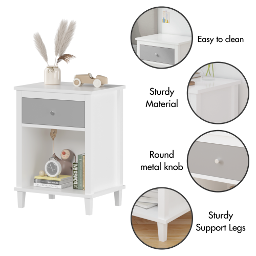 26.77''H Wooden Nightstand with One Drawer One Shelf for Kids, Adults, White+Golden handle、、casual
