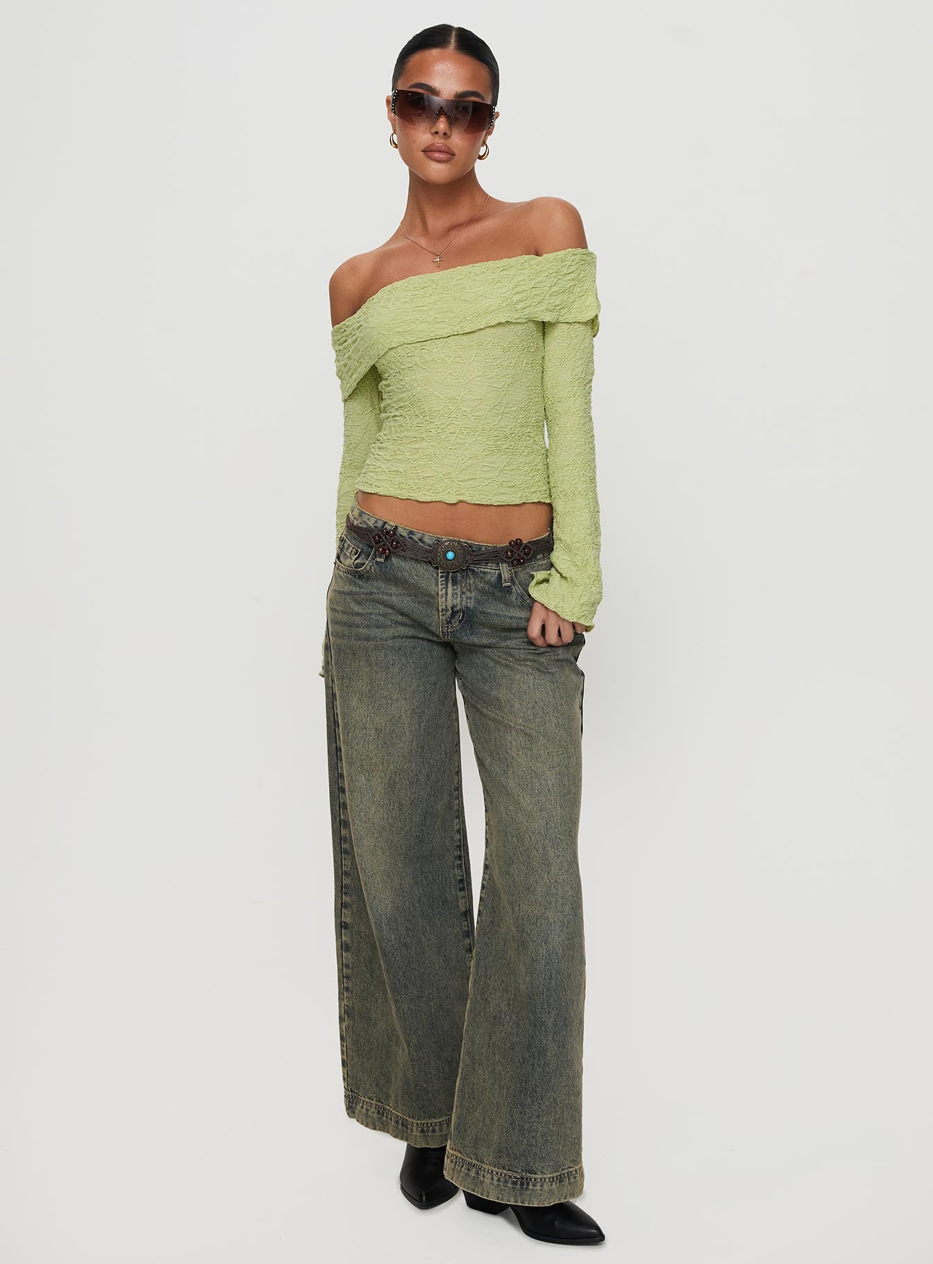 Back With Love Off Shoulder Long Sleeve Top Green、mySite、solidvoid