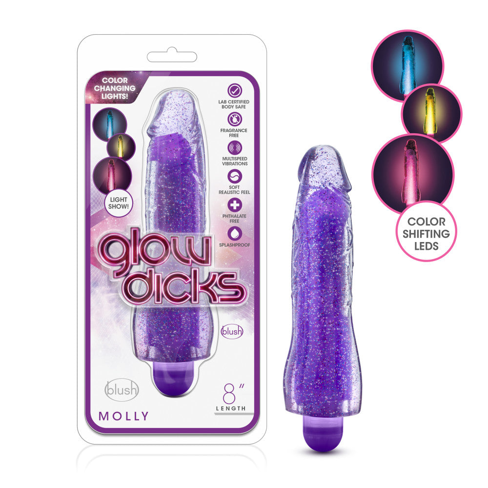 Glow Dicks By Blush® | Molly Glitter Realistic Purple 8-Inch Long Vibrating Dildo、mySite、bottomscart