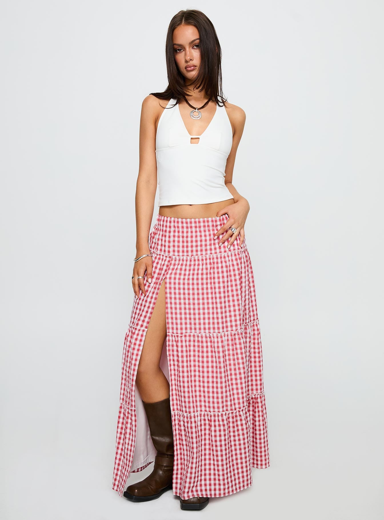Ilaina Tiered Maxi Skirt Red Check、mySite、solidvoid