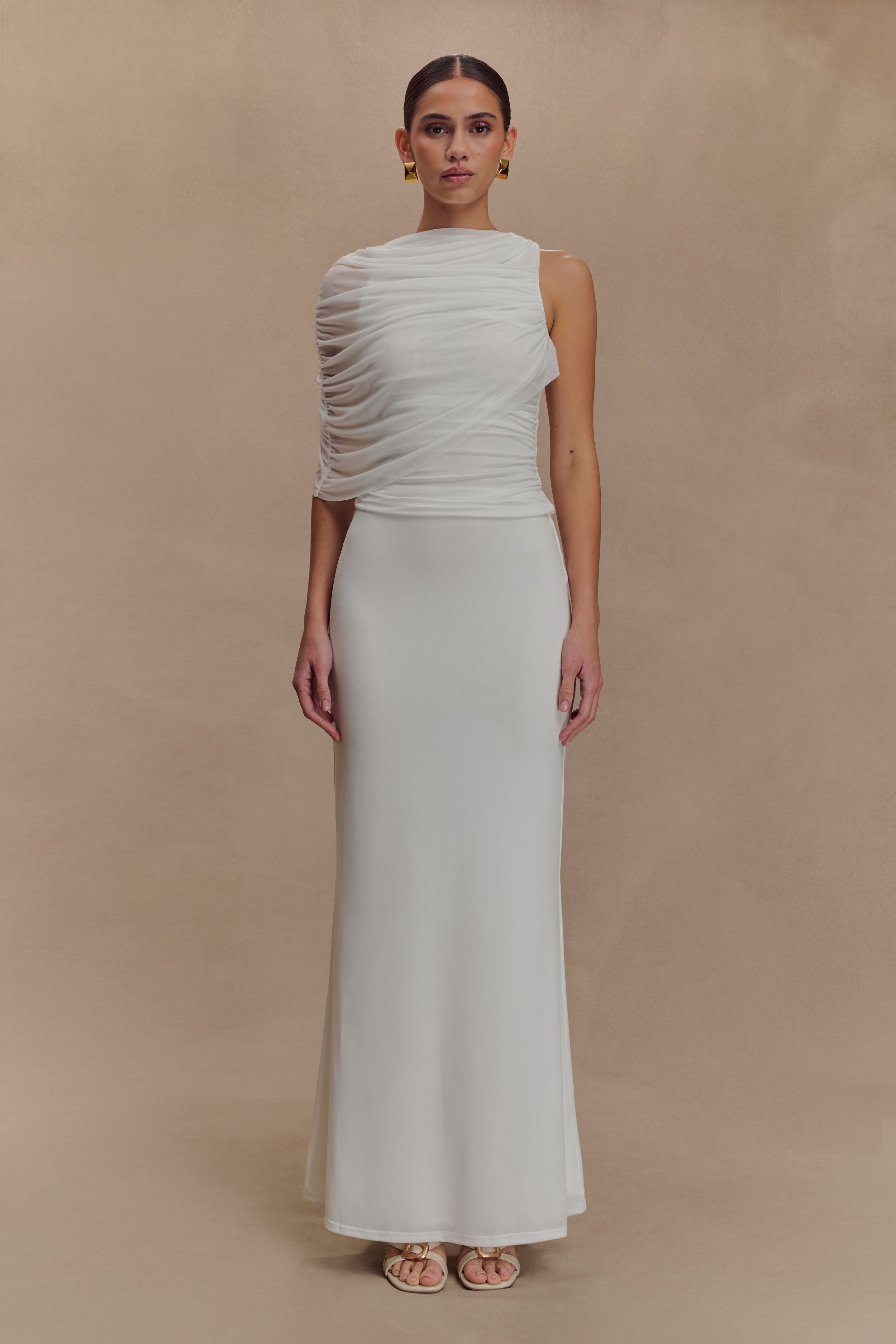 Pruedance Slinky Draped Top With Mesh Overlay - White、mySite、solidvoid