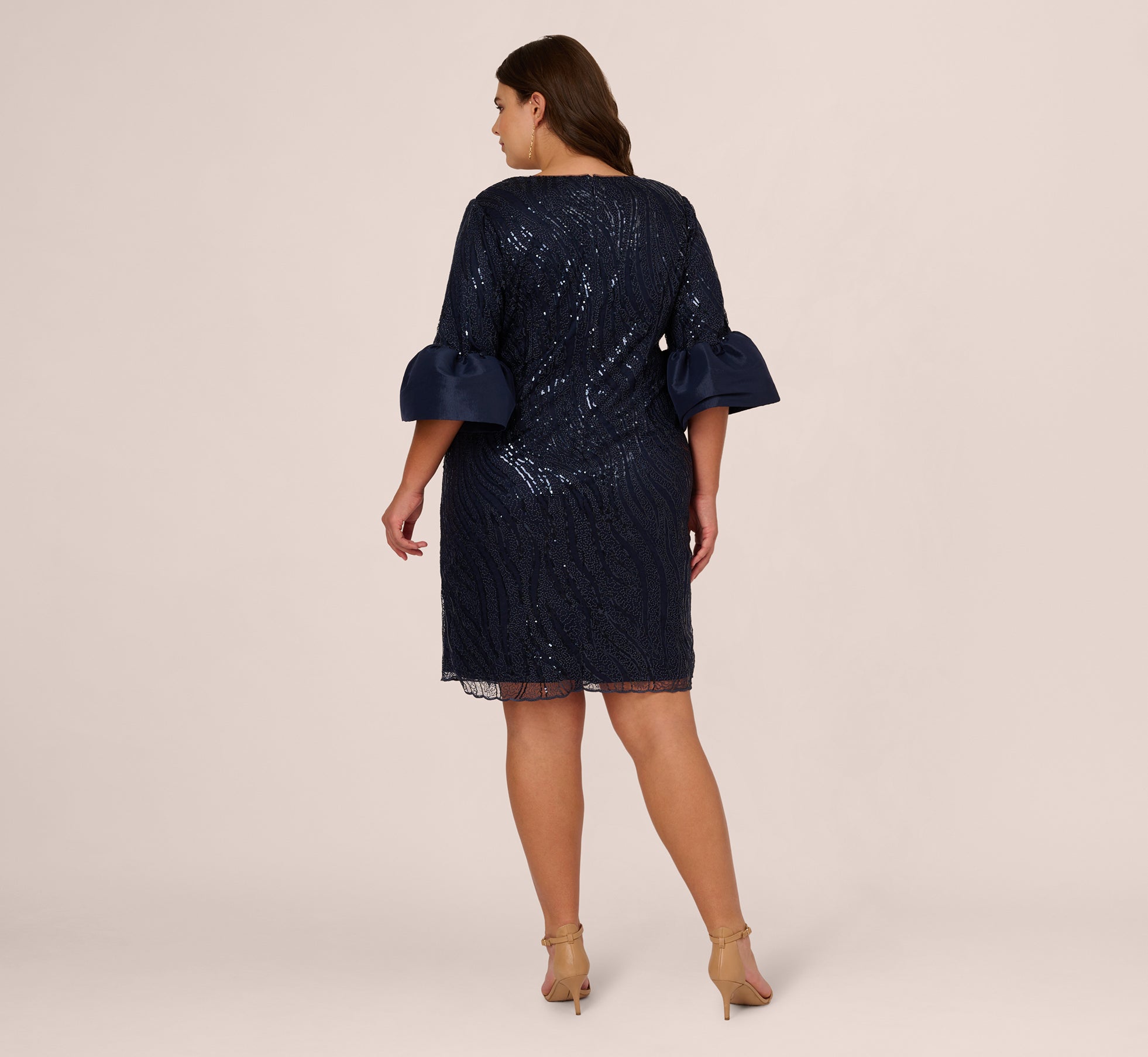 Plus Size Sequin Embroidered Dress With Taffeta Bell Sleeves In Midnight、mySite、solidvoid