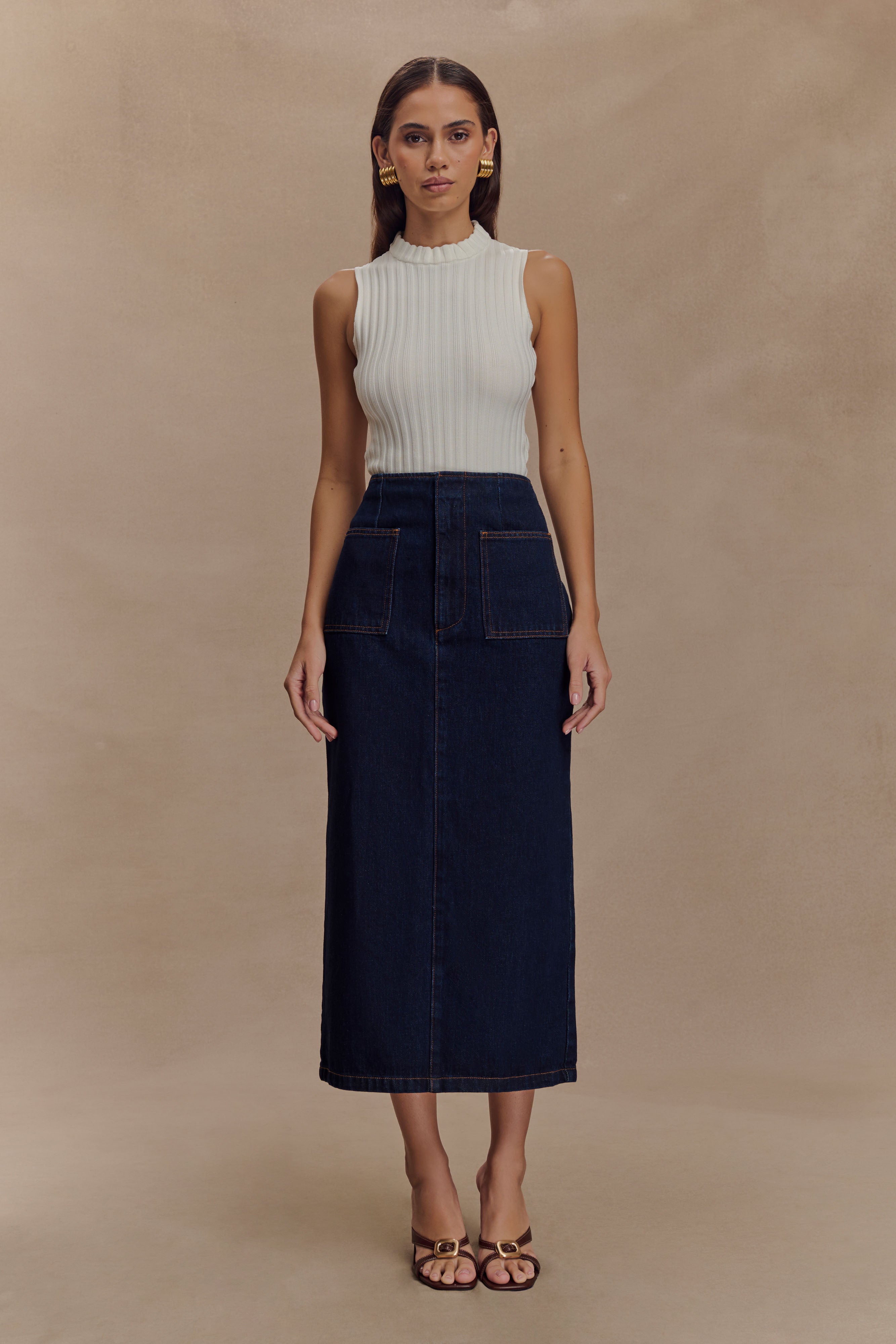 Fallon Denim Midi Skirt - Indigo Blue、mySite、solidvoid
