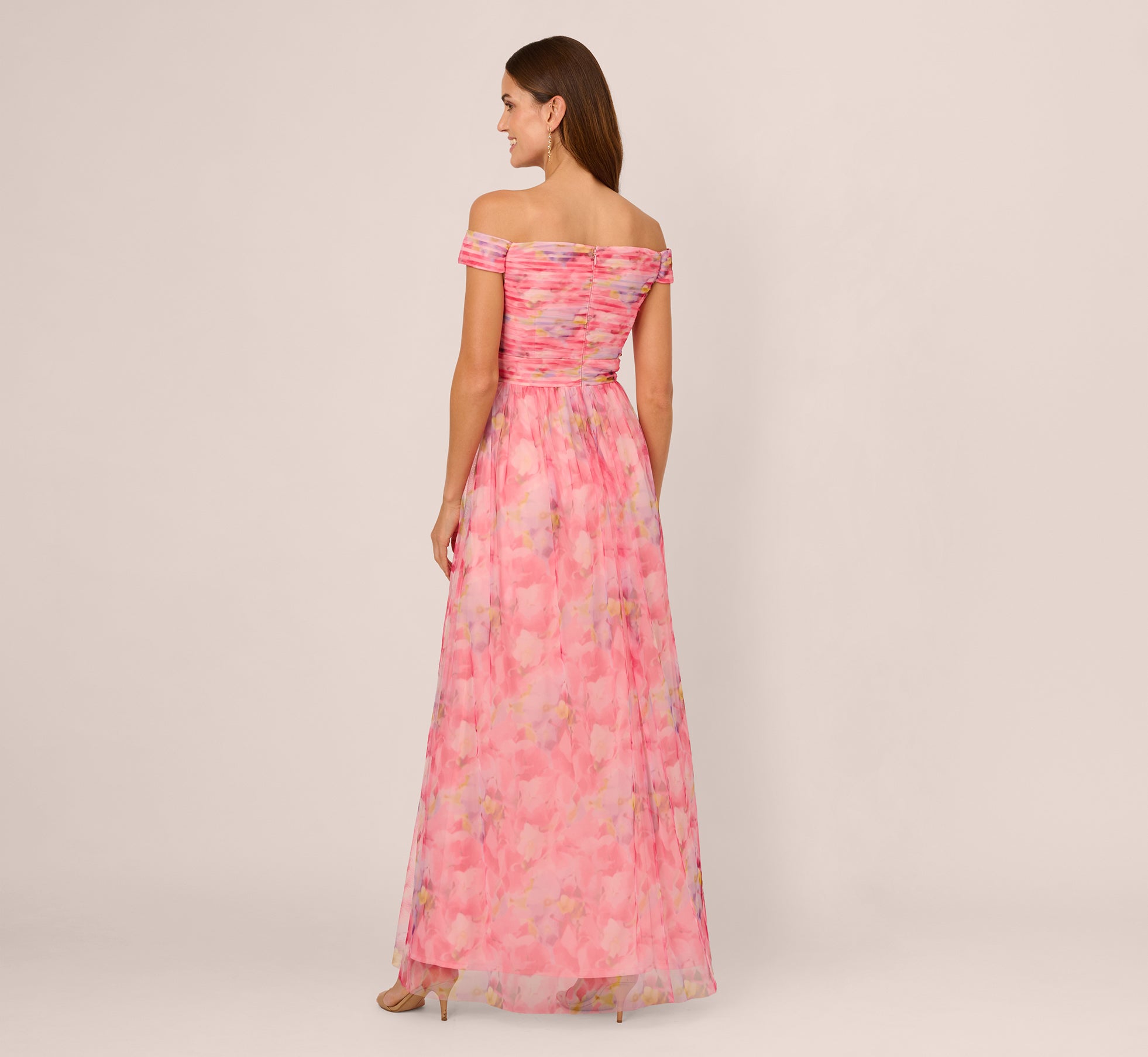 Off Shoulder Watercolor Print Tulle Gown In Pink Multi、mySite、solidvoid