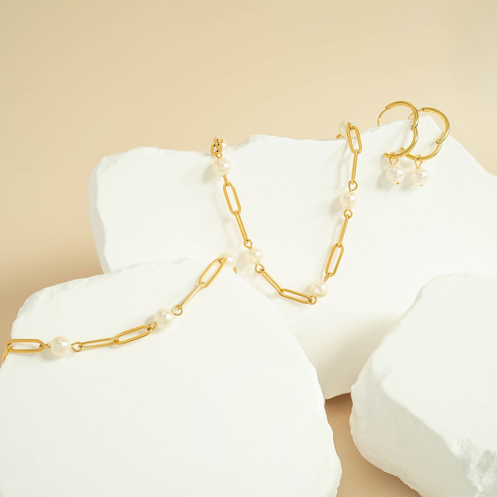 18K Gold PVD Stainless Steel Pearl Station Paperclip Chain Necklace / CHN0082、mySite、dreamappss