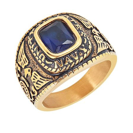 18K Gold PVD Stainless Steel United States Navy Blue Center Stone Ring / MCR6003、mySite、dreamappss