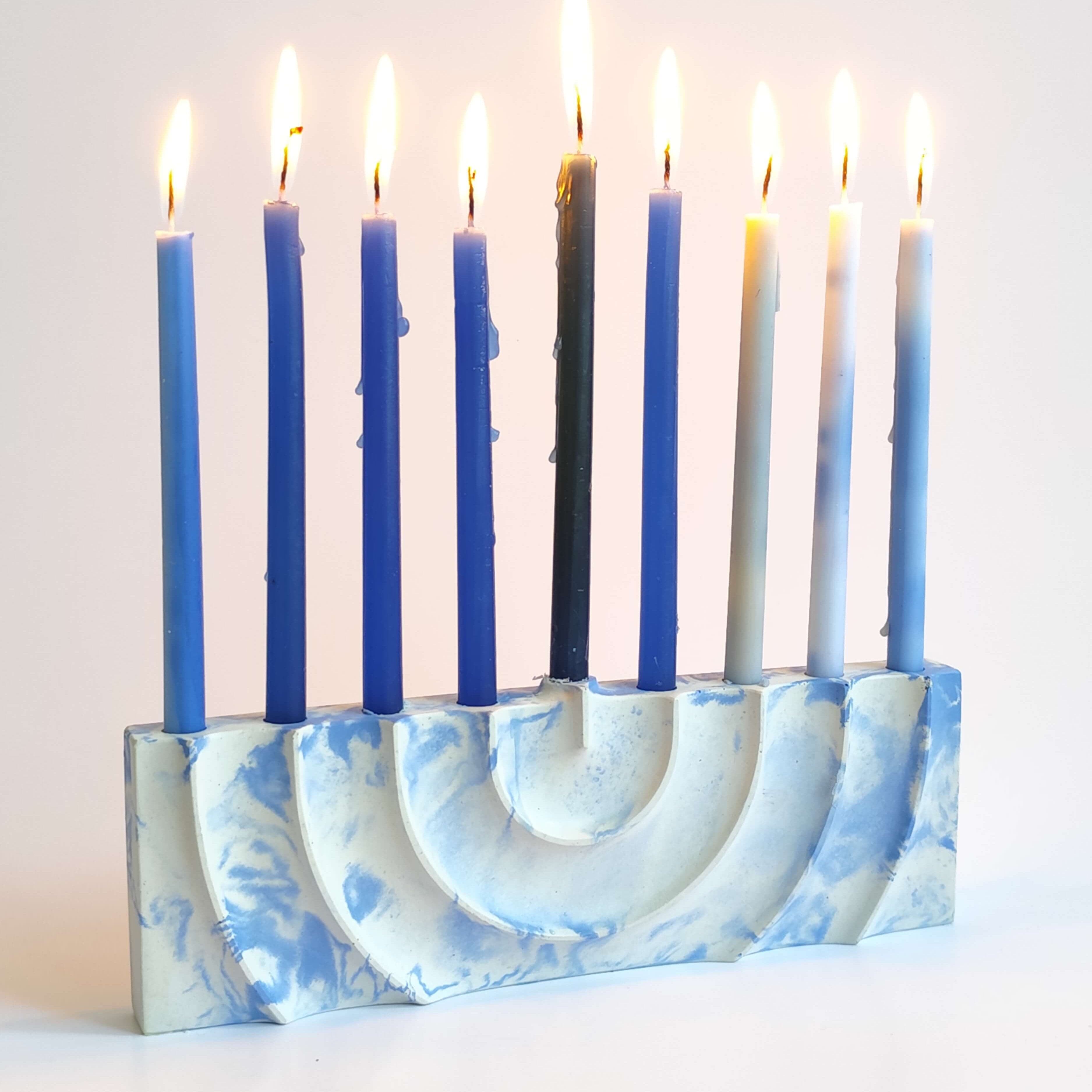 Hand-Poured Rippled Concrete Hanukkah Menorah - Blue Marbled、mySite、topwebapps