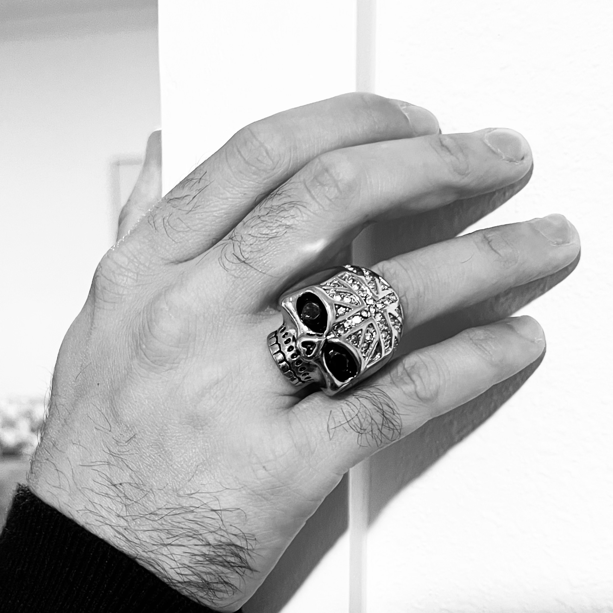 Stainless Steel Black CZ Eyed Skull With Clear CZ UK Flag Ring / SCR4022、mySite、dreamappss