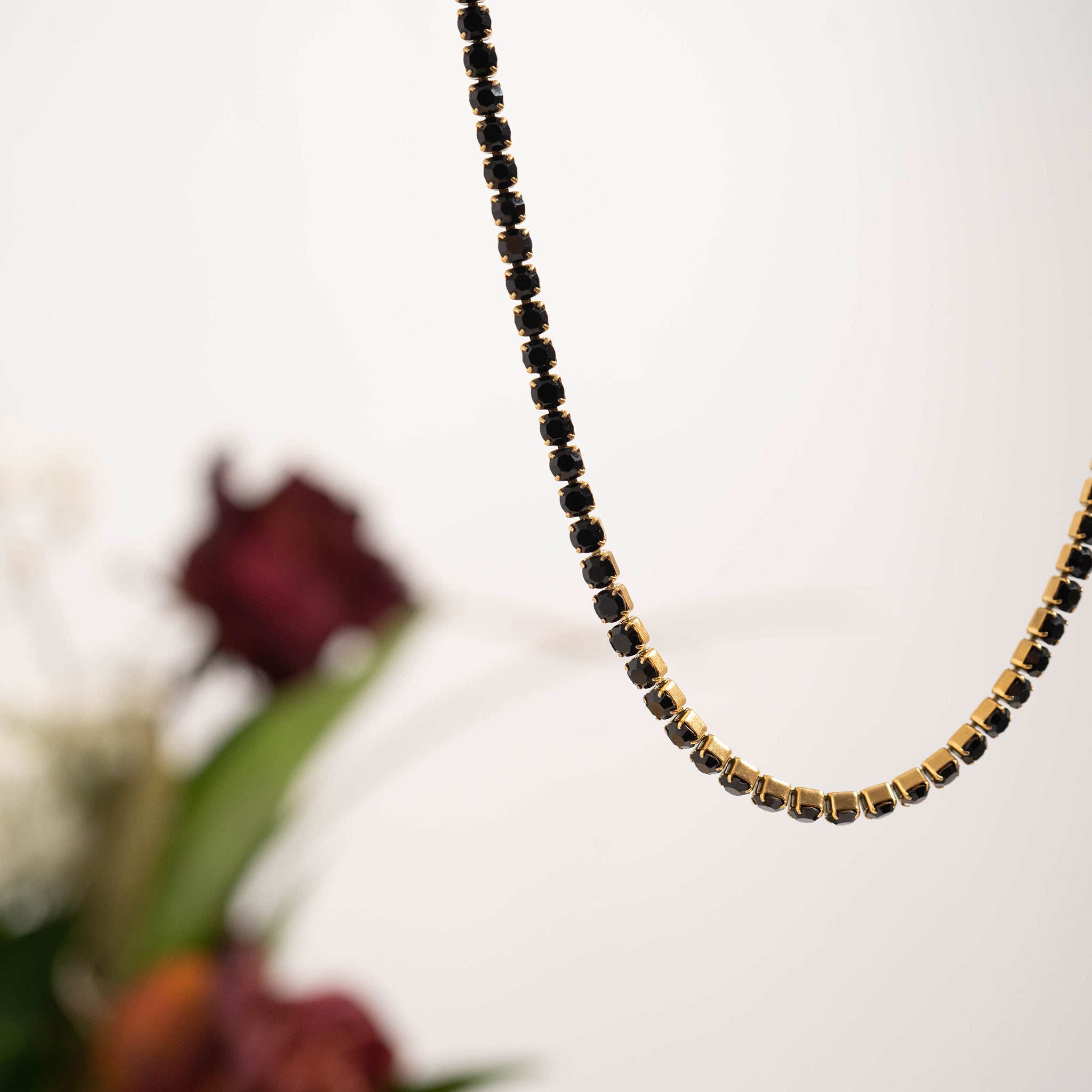 18K Gold PVD Stainless Steel Jet Rhinestone Tennis Chain Necklace With 2 Extension / TNN0004、mySite、dreamappss