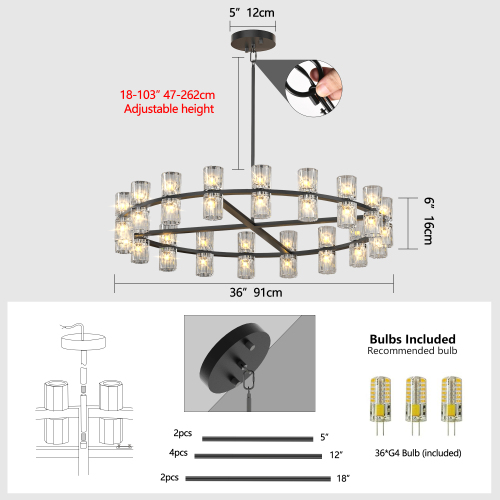 Modern 36" Gold Round Chandelier Light Fixture, K9 Crystal Chandeliers for Dining Room, Living Room, Dining Room Chandeliers Over Table, Chandelier for Bedroom, Foyer, Includes 36XG4 Bulbs、、eastwooduniform