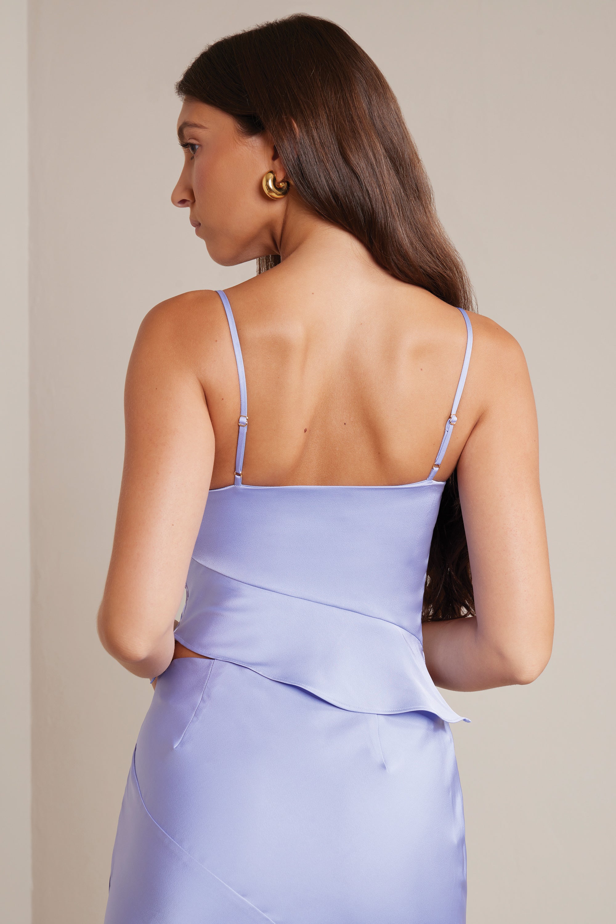 Bias Cut Satin Cowl Neck Crop Top in Periwinkle、mySite、solidvoid