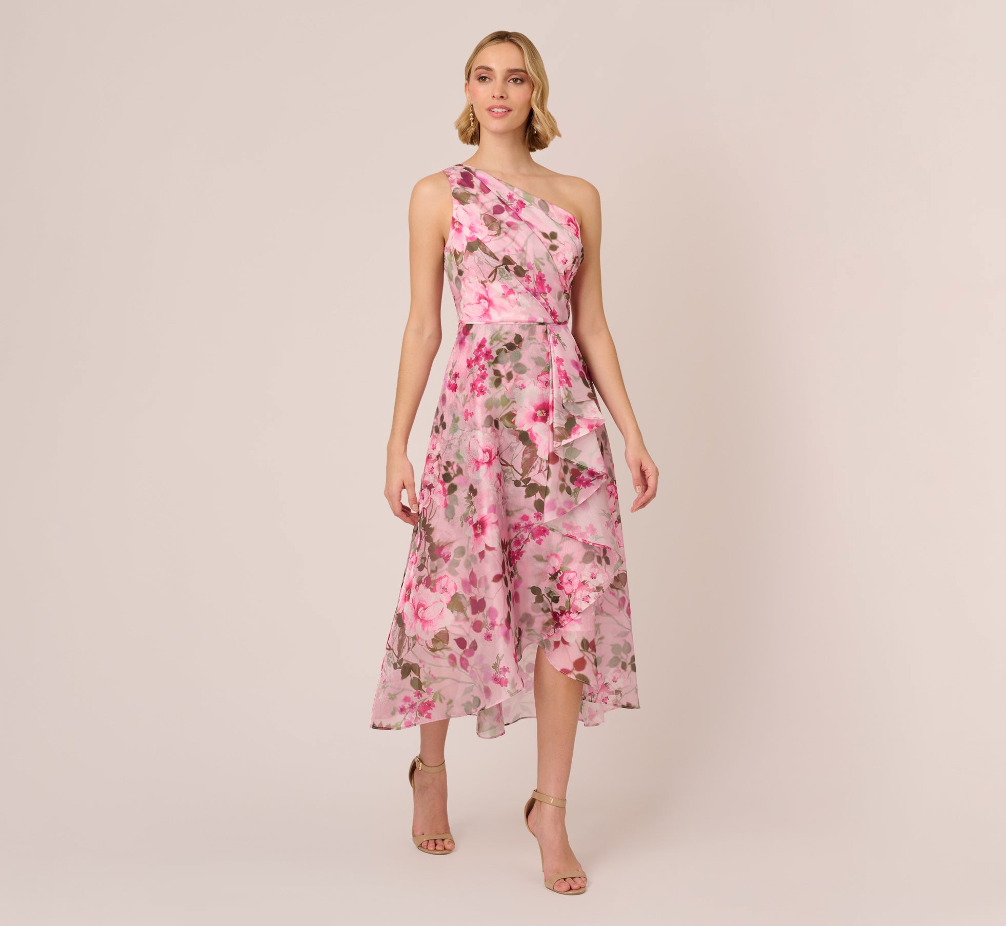 Floral Print Organza Midi Dress With One Shoulder Neckline In Pink Multi、mySite、solidvoid