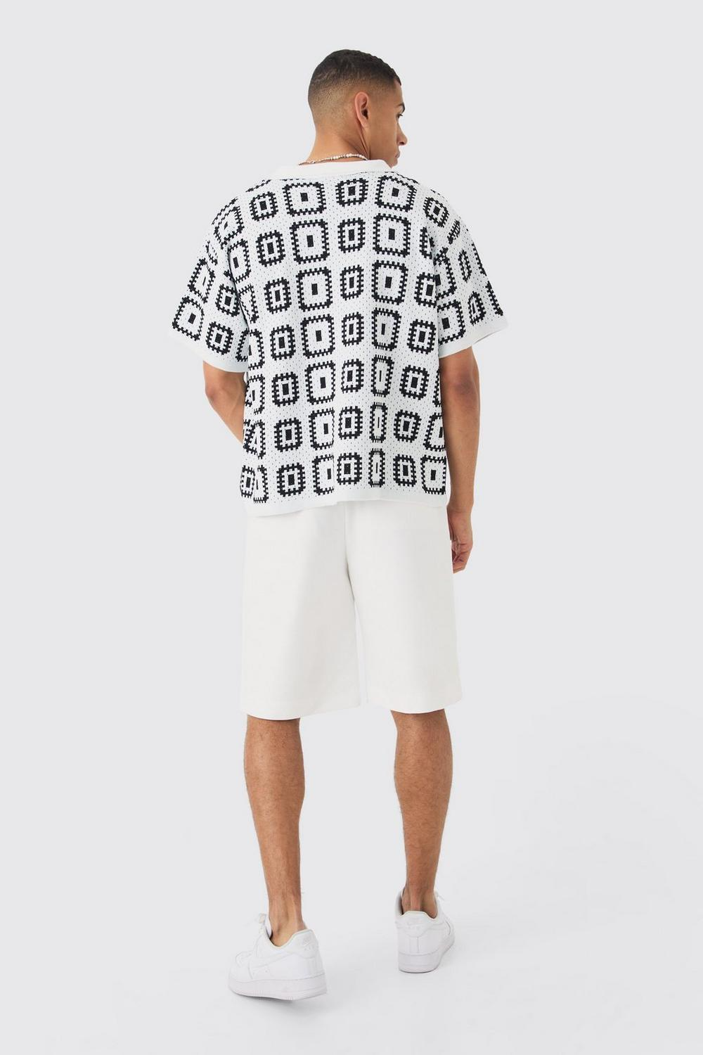  Boohooman Oversized Boxy Crochet Knit Revere Shirt White、mySite、justintrudeaud