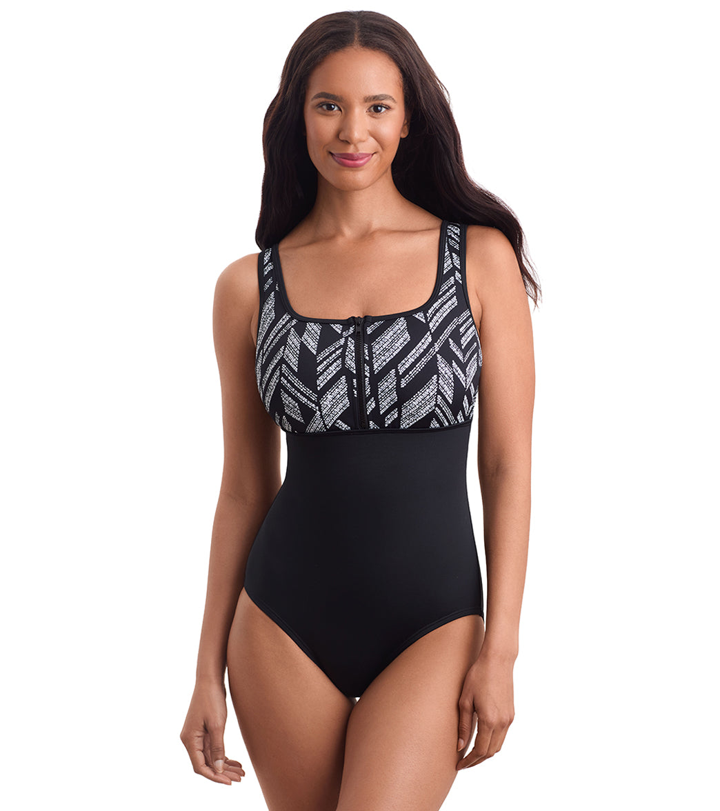Shape Solver SPORT Women's Herringbone Scoopneck Zipper Tank One Piece Swimsuit、mySite、noshort
