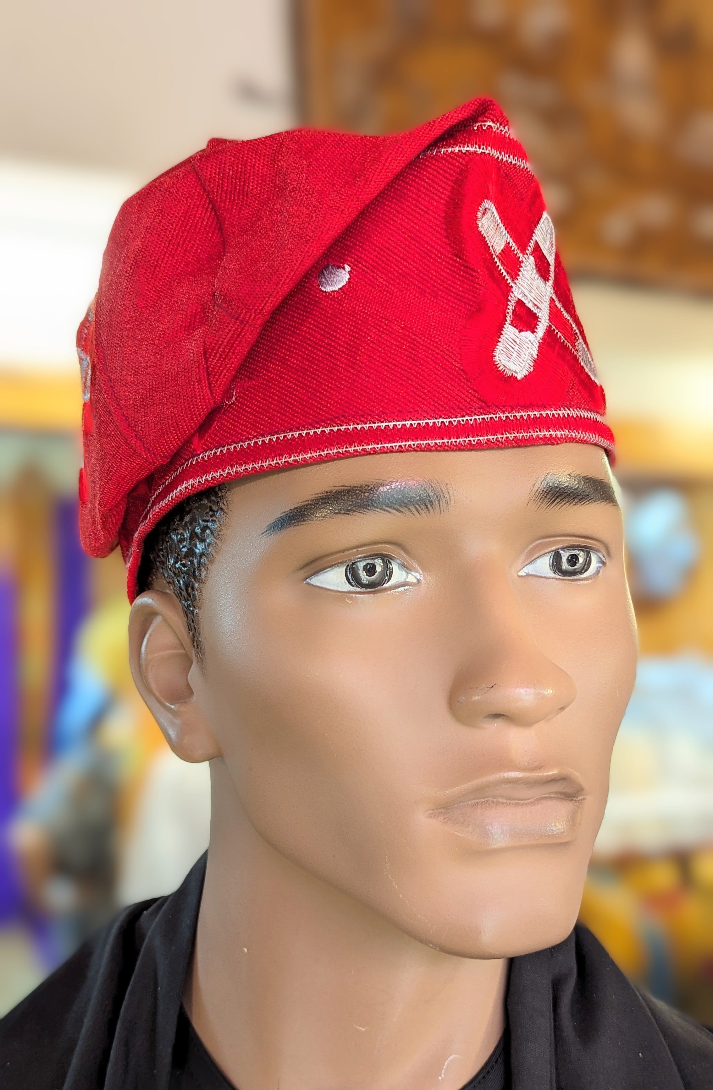 Dupsie's Red and Silver Fila Ayaba African Aso Oke Kufi Cap Hat DPHARSH36、mySite、solidvoid
