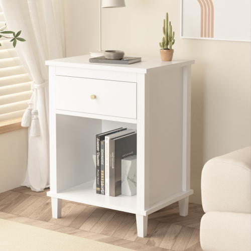 26.77''H Wooden Nightstand with One Drawer One Shelf for Kids, Adults, White+Golden handle、、casual