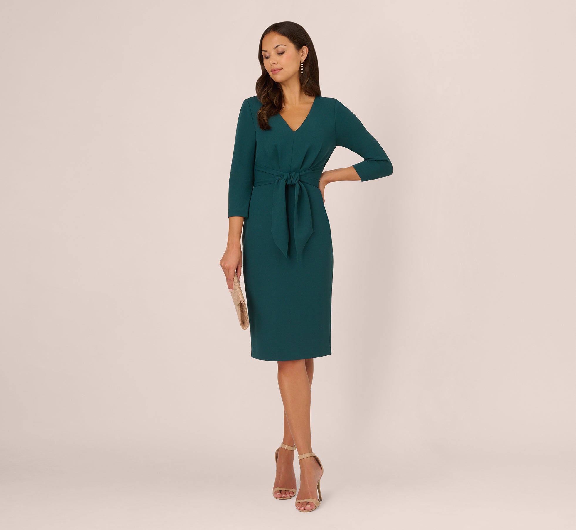 Three Quarter Sleeve Pleated Midi Dress With Tie Waist In Hunter、mySite、solidvoid