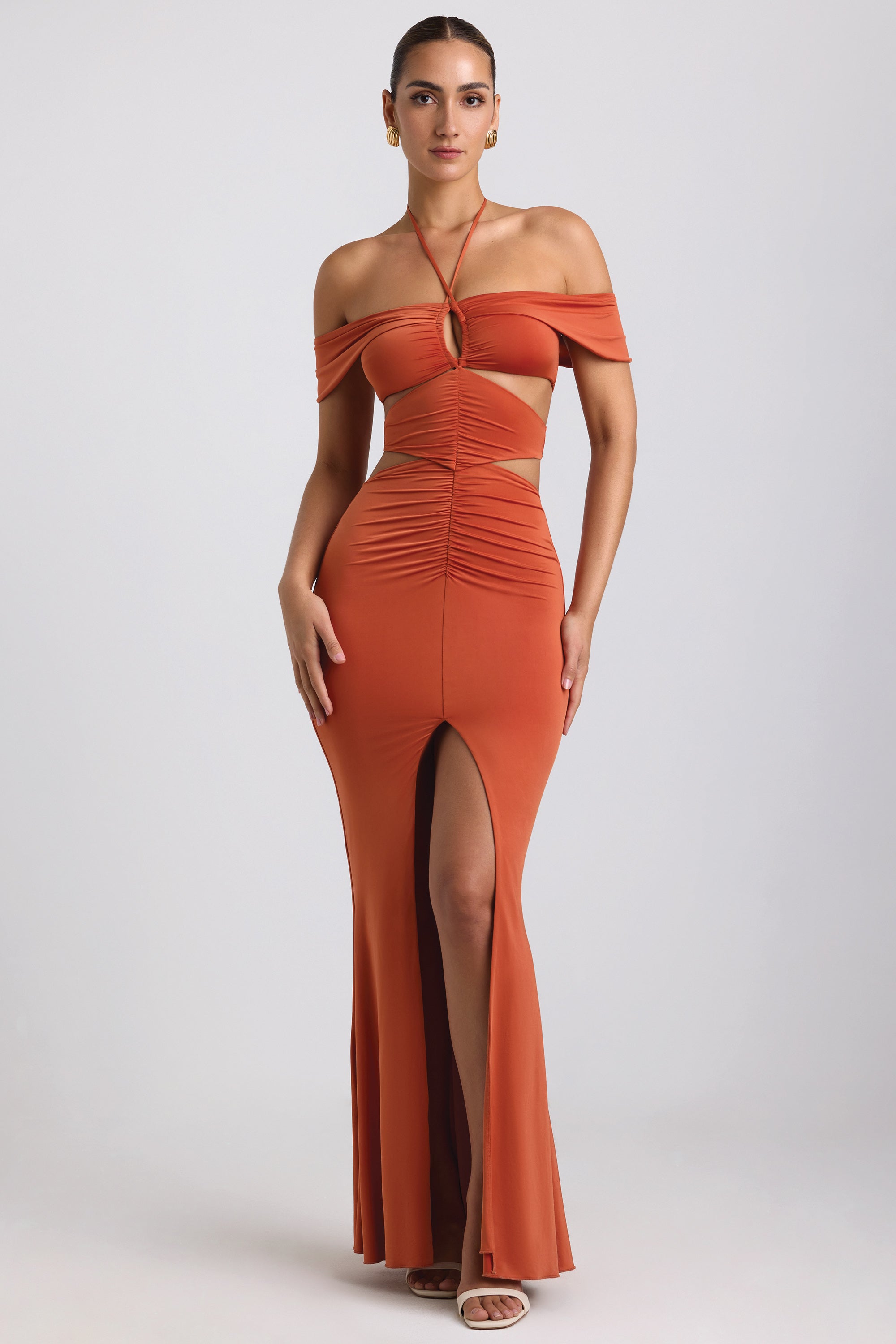 Slinky Jersey Cut-Out Halterneck Gown in Burnt Orange、mySite、solidvoid