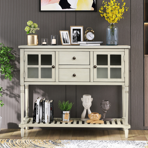 TREXM Sideboard Console Table with Bottom Shelf, Farmhouse Wood/Glass Buffet Storage Cabinet Living Room (Antique Navy)、、casual