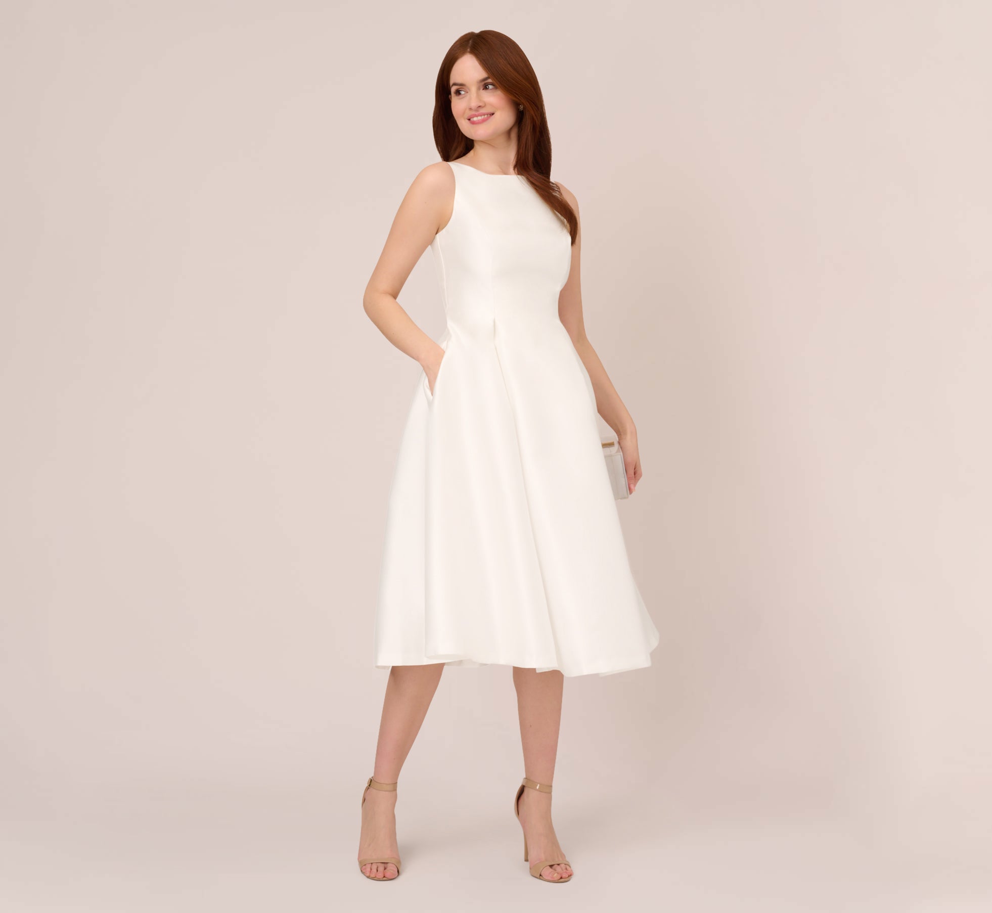 Sleeveless Mikado Fit And Flare Midi Dress With V-Back In Ivory、mySite、solidvoid