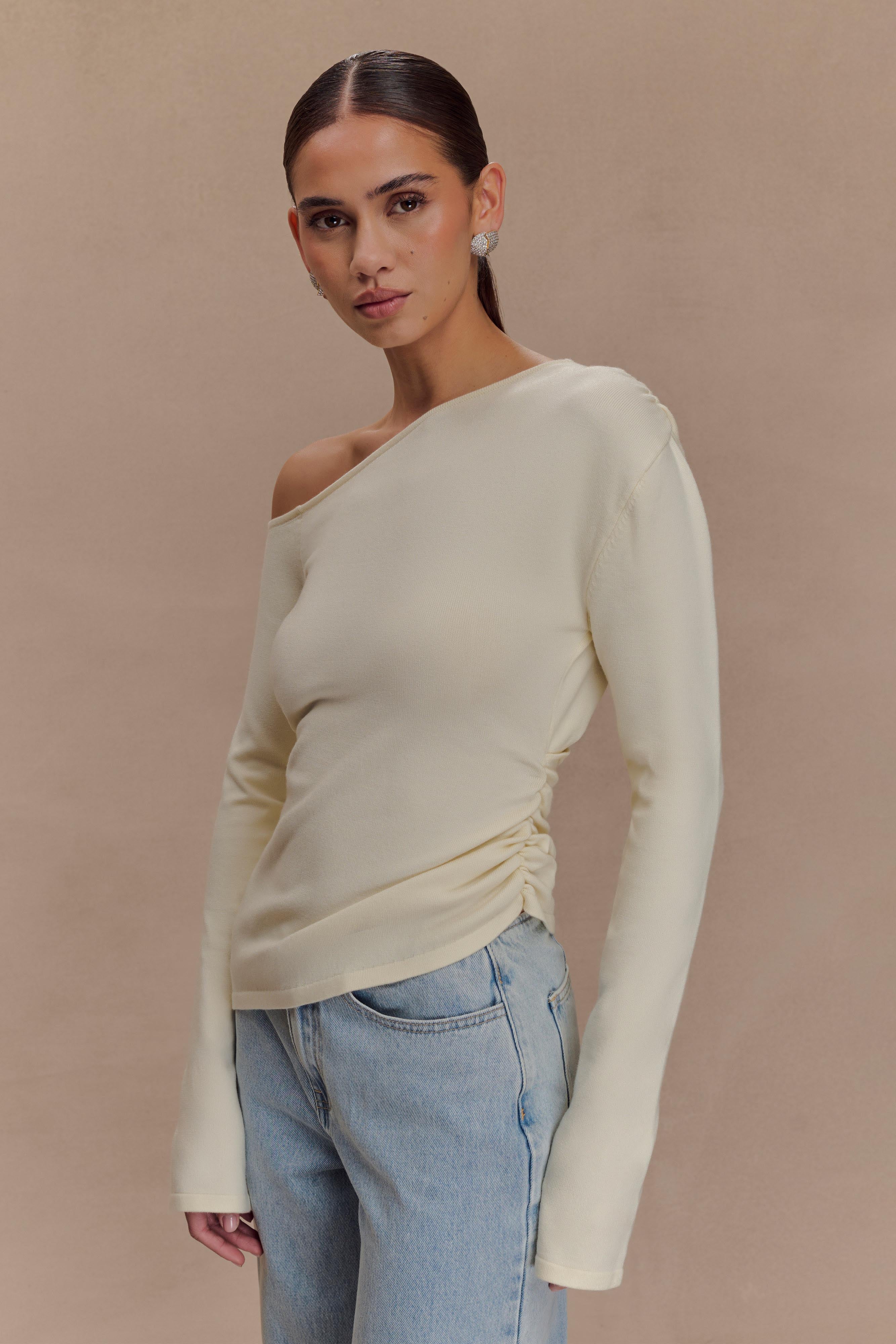 Miles Off Shoulder Knit Top - Ivory、mySite、solidvoid