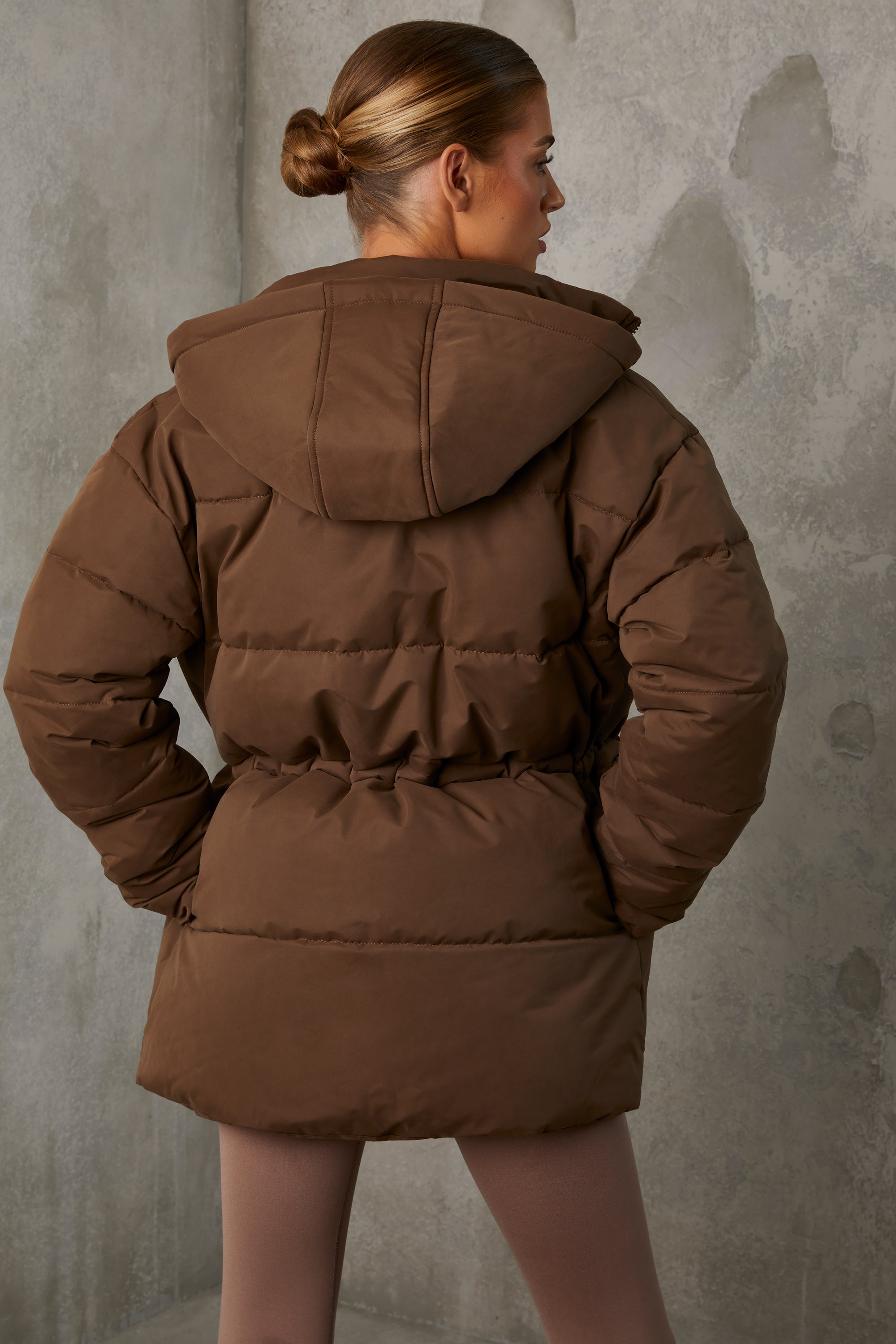 Mid Length Hooded Puffer Coat in Cocoa Brown、mySite、solidvoid
