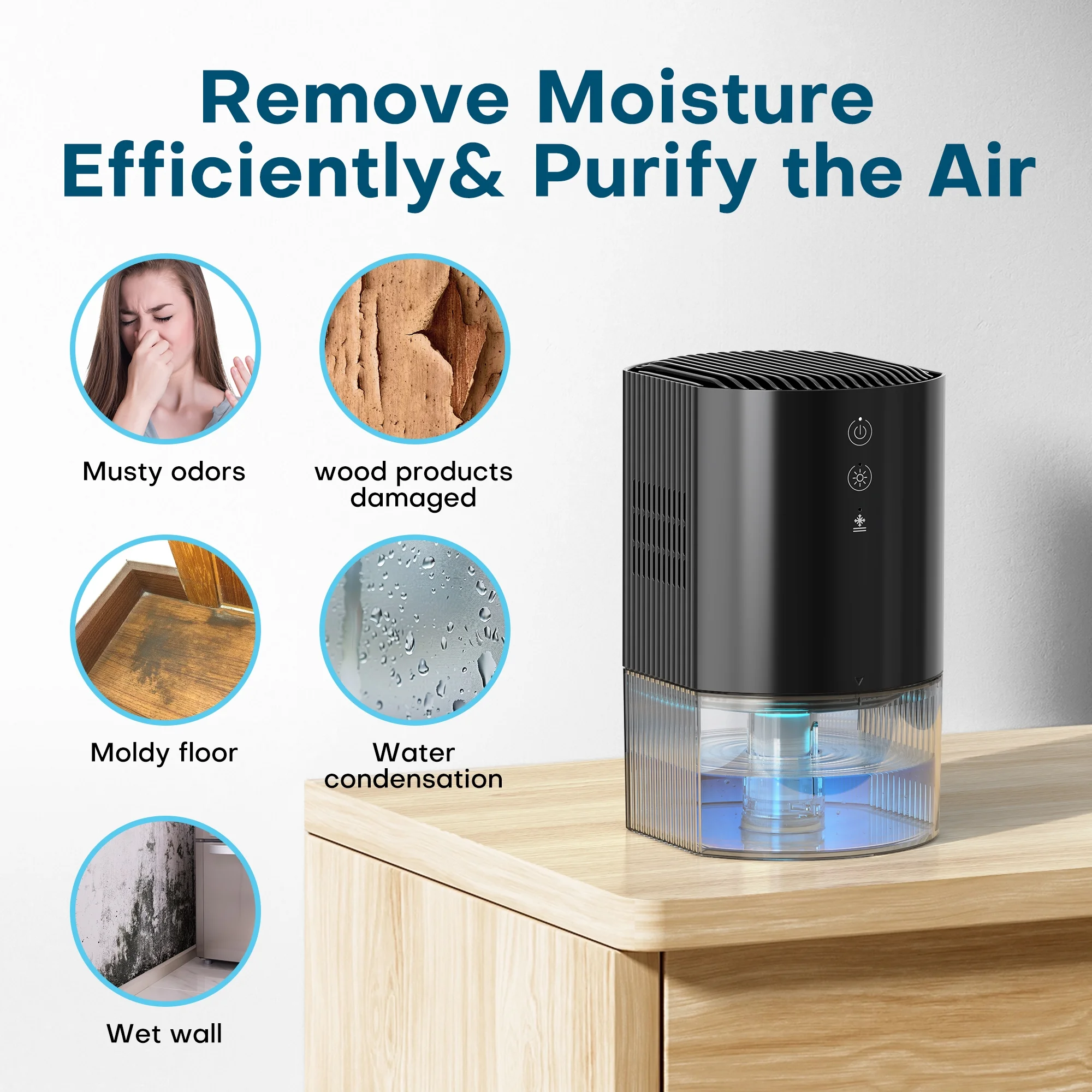 KLOUDIC 33Oz Dehumidifier Small Dehumidifiers for Room 280sq.ft with Auto-off, 7 Colors LED Light、mySite、fannypackpong