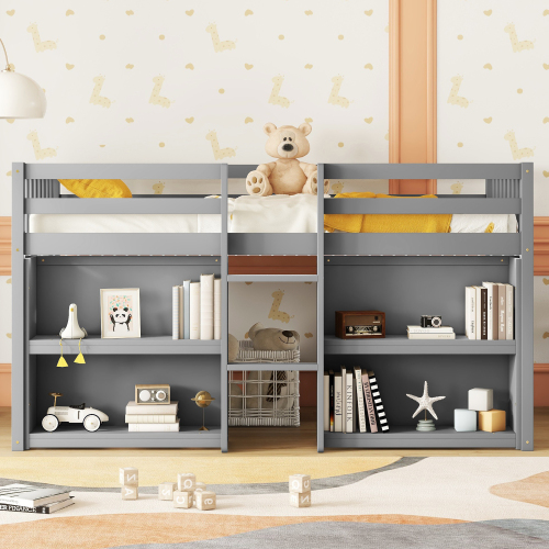 Twin Size Kid Low Loft Bed With Two-Tier Shelves And LED Light For White Color、、xpatfood