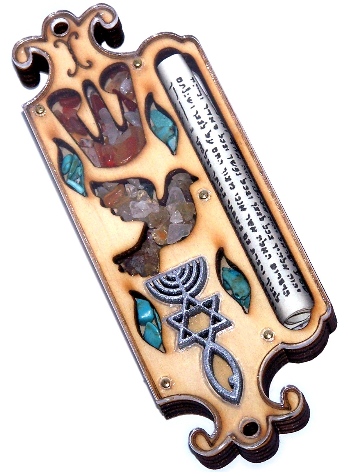 Wooden Messianic Seal Mezuzah case with Messianic Seal - 5 Inch with Scroll and Jerusalem Stones、mySite、topwebapps
