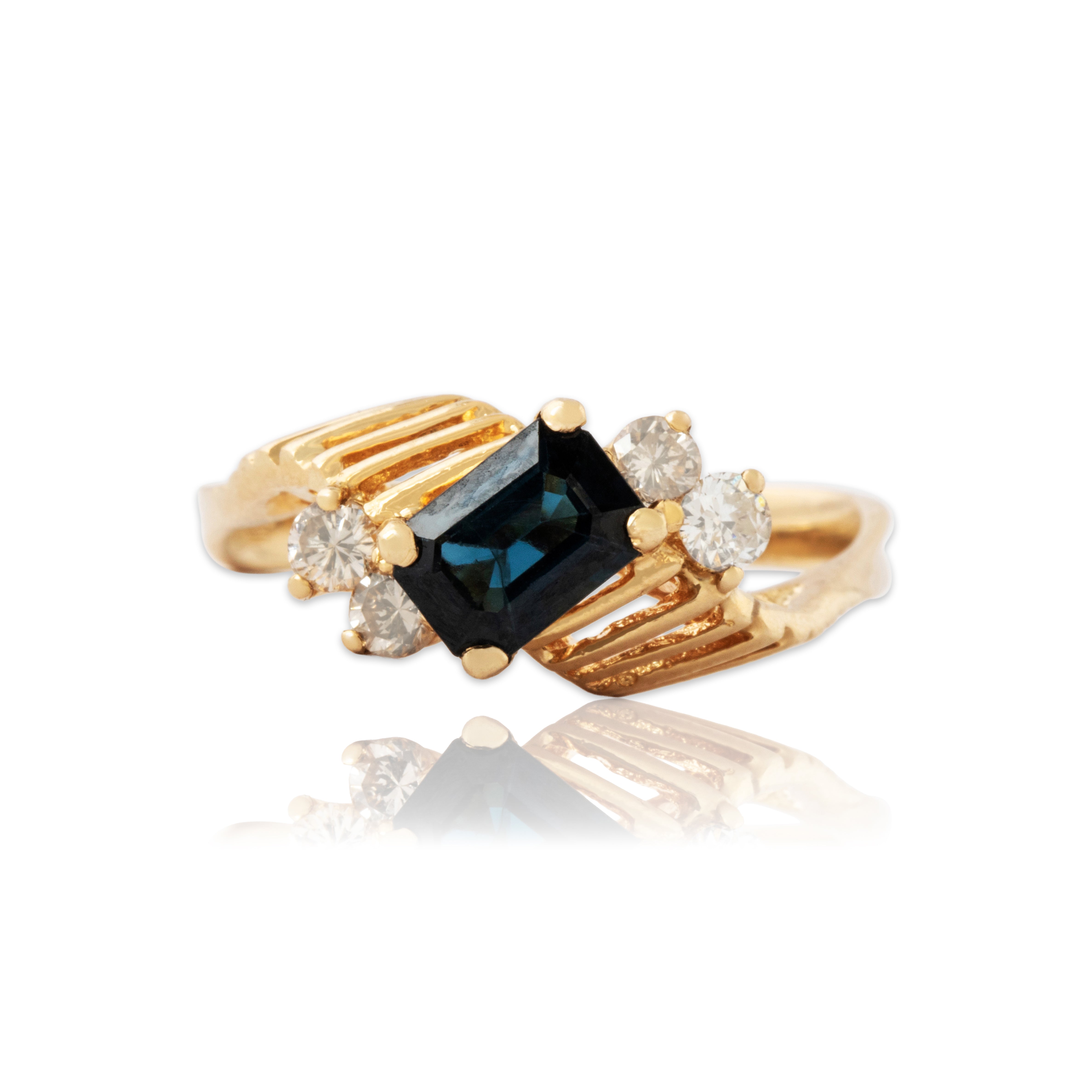 Vintage 14k Yellow Gold .7ct Blue Sapphire Diamond Architectural Ring 7.75、mySite、hinf8tx79