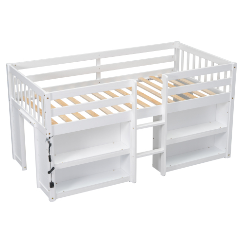 Twin Size Kid Low Loft Bed With Two-Tier Shelves And LED Light For White Color、、xpatfood