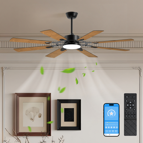 52 Inch Ceiling Fan with Lights and Remote Control, 8 Plywood Blades, 6-Speed Noiseless Reversible DC Motor, 3CCT, Windmill Ceiling fan for Kitchen Bedroom Living Room, Black、、eastwooduniform