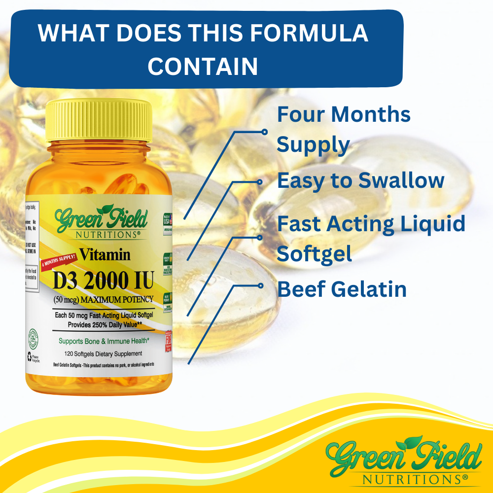 Greenfield Nutritions - Halal vitamins D3 2000 IU - Immunity and Bone Supports - 120 Softgels - Halal Beef Gelatin、mySite、topwebapps