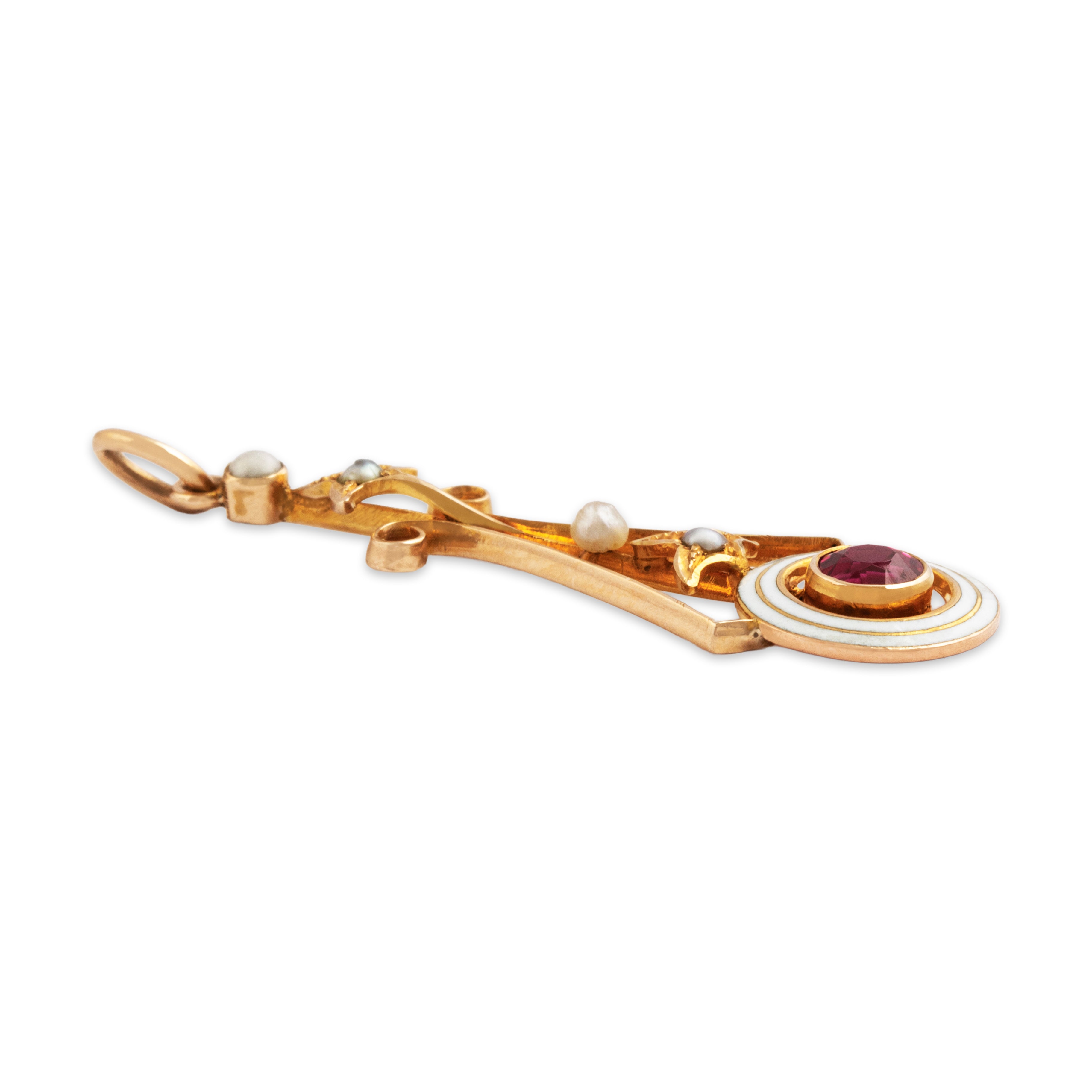 Antique Art Nouveau 10k Yellow Gold Synthetic Ruby Pearl Enamel Elegant Pendant、mySite、hinf8tx79