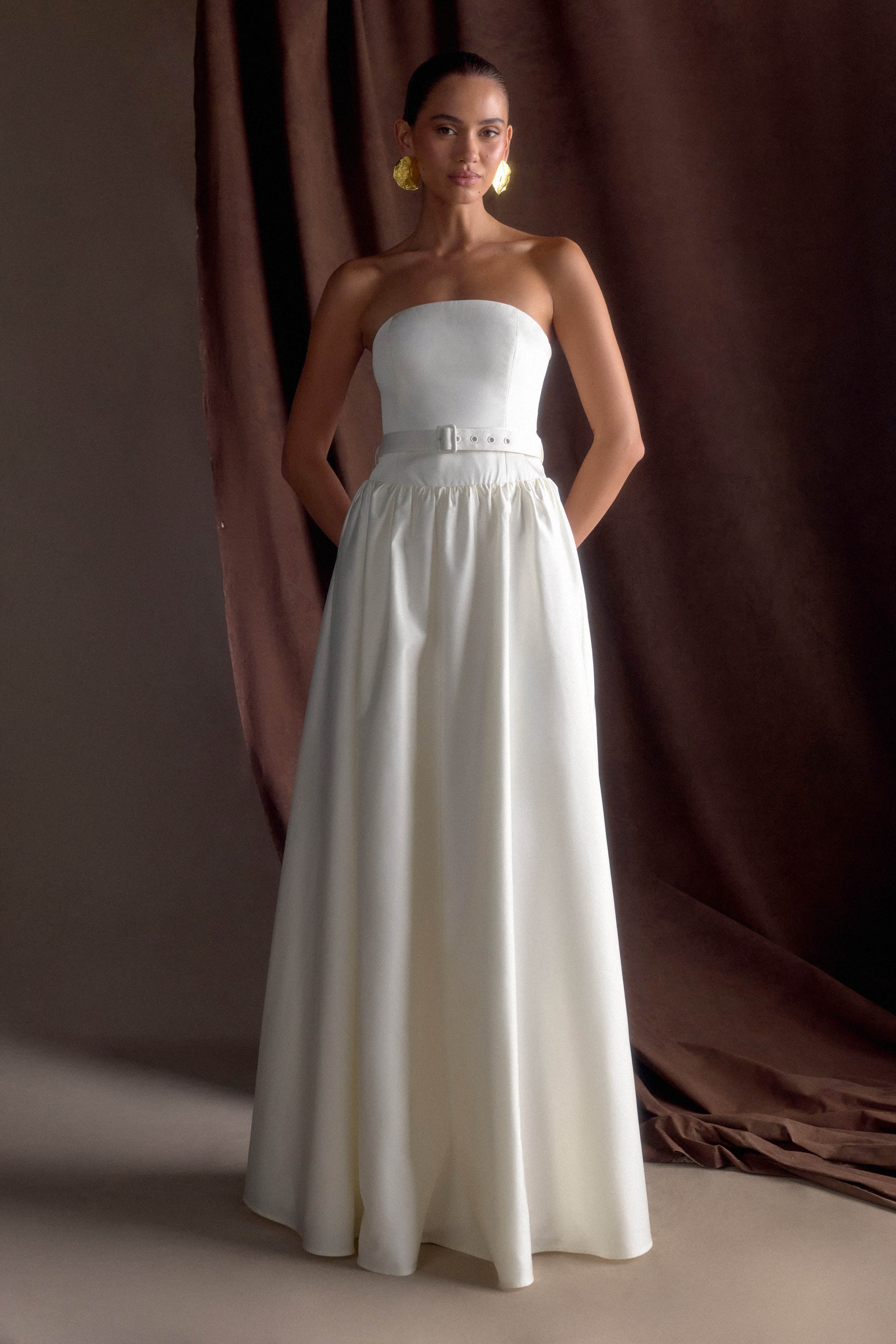 Florence Strapless Belted Maxi Dress - White、mySite、solidvoid