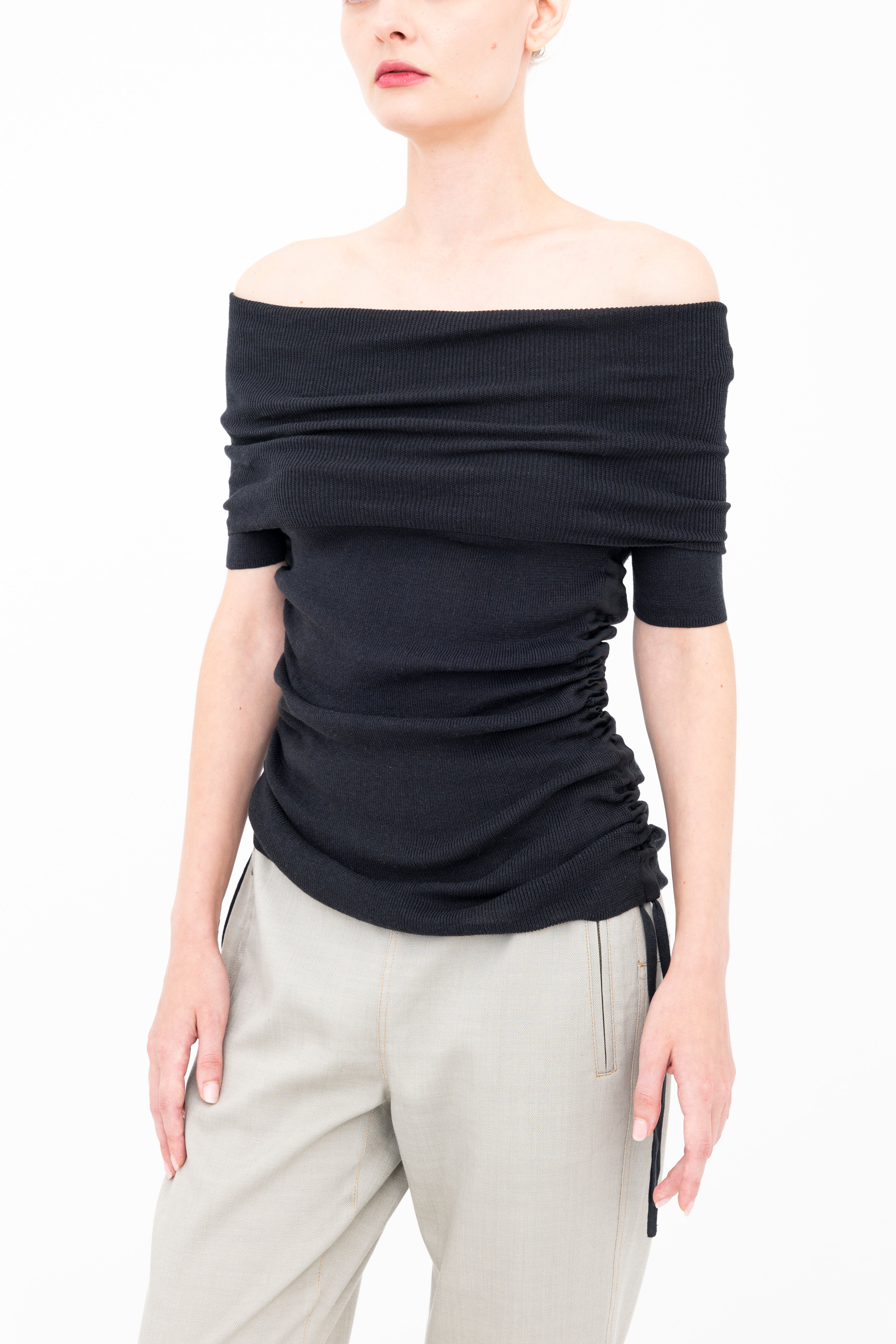 Elaine Kim Bichon Organic Cotton Hemp Off the Shoulder Rib Knit Long Side-Ruching Top、mySite、noshort