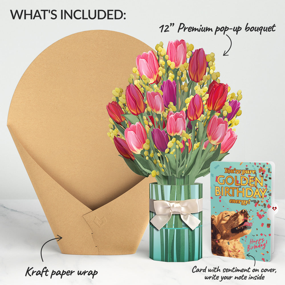 Cheerful Tulips Birthday Bouquet and Golden Energy Sentiment Set、mySite、solidvoid