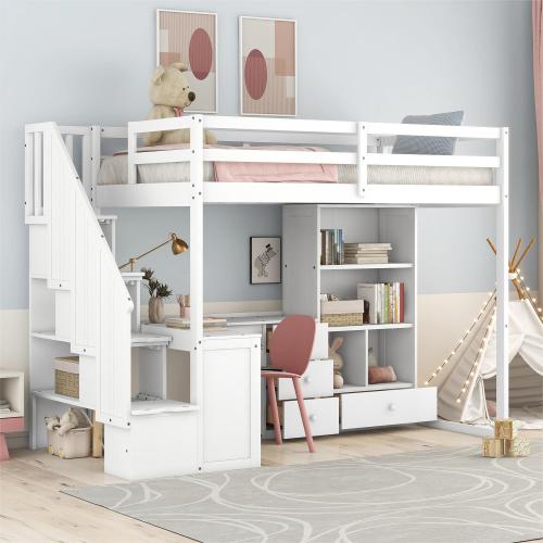 Twin Size Loft Bed with L-Shaped Desk and Drawers, Cabinet and Storage Staircase, White、、casual