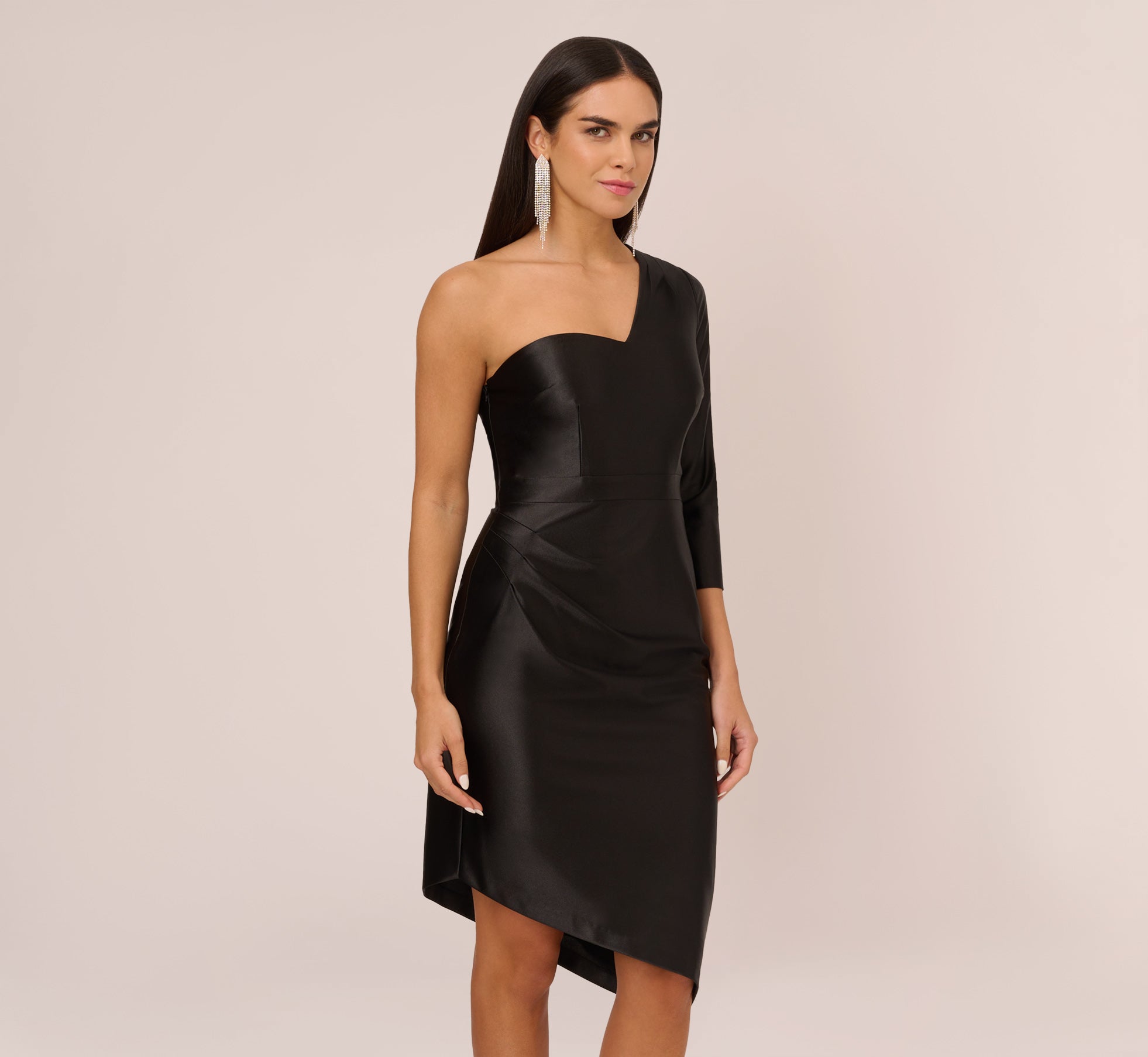 One Shoulder Satin Midi Dress With Three-Quarter Sleeve In Black、mySite、solidvoid
