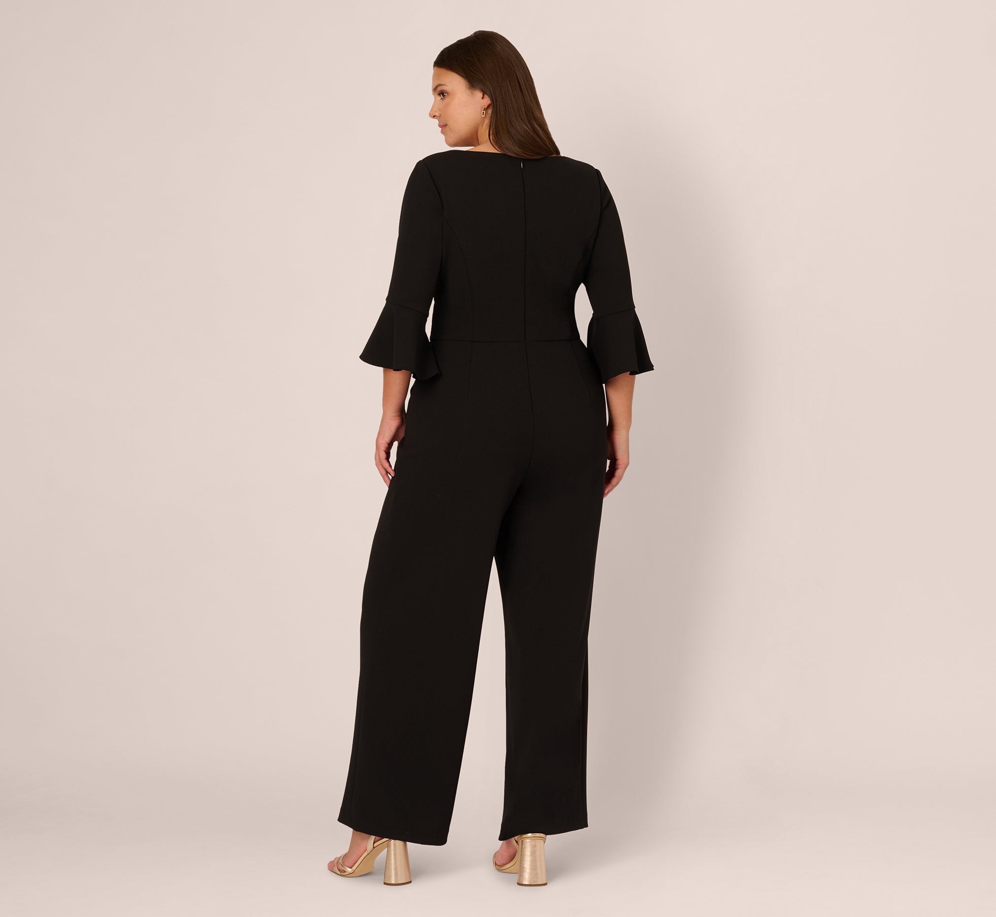Plus Size Knit Crepe Wide Leg Jumpsuit With Bell Sleeves In Black、mySite、solidvoid