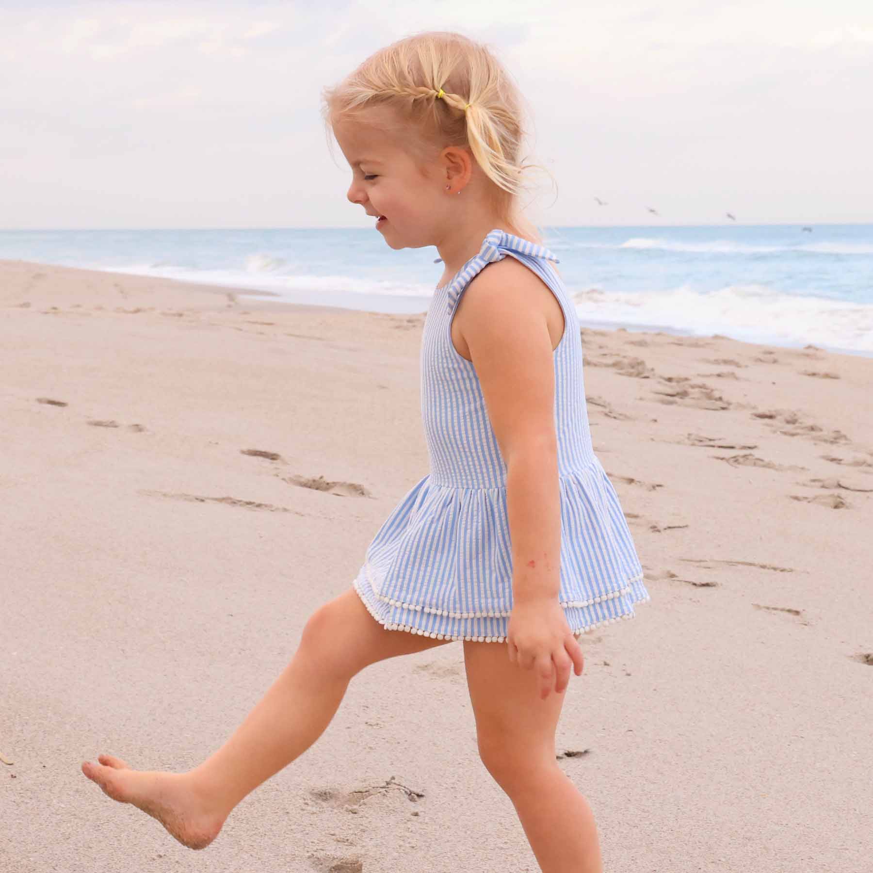  Tiered Skirt with White Pom Trim | Seersucker Blue、mySite、layawaytickets